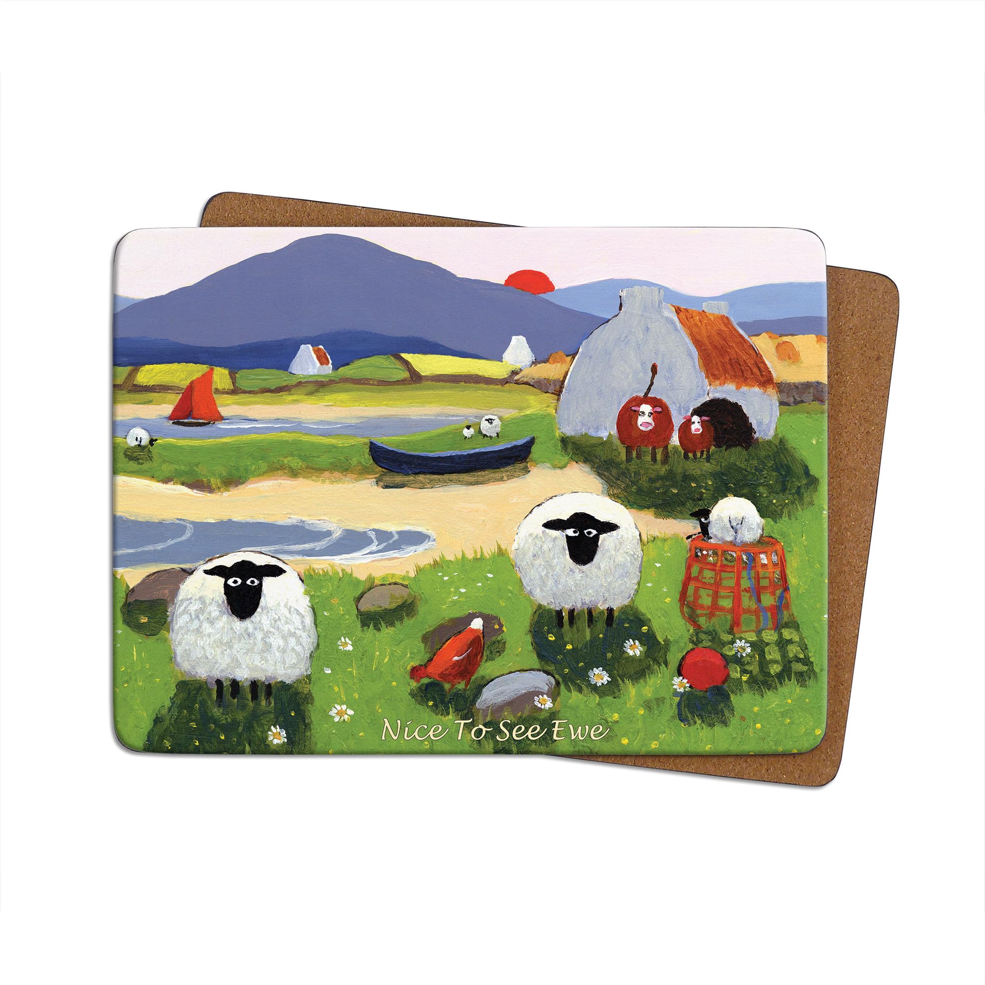 Thomas Joseph Nice to See Ewe Table Mat - Sheep Gift - Printed 4mm Thick Cork Backed Hardboard Placemat - 290mm x 215mm - 1 Piece