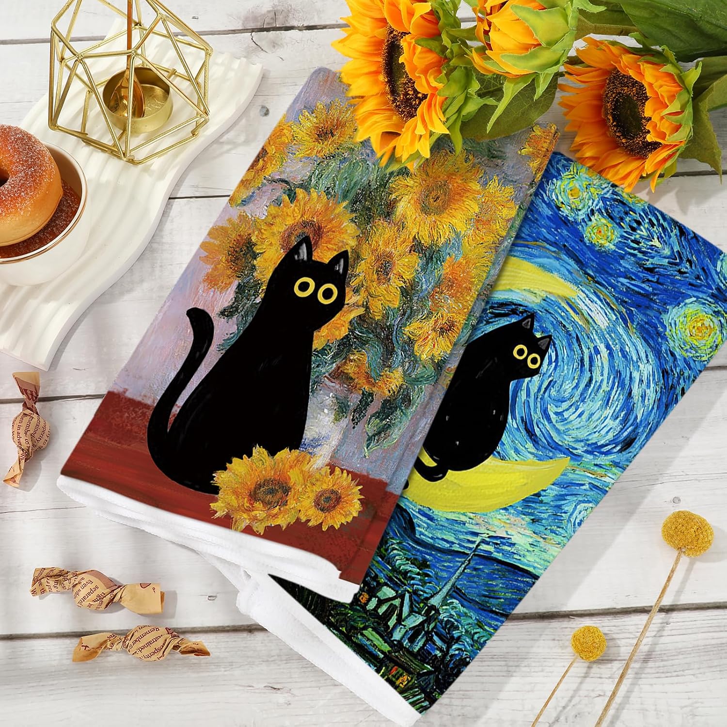 FYSUIMU Art Print Kitchen Towels Dish Towel Famous Painting with Black Cat Floral Decoration Hand Drying Tea Towel for Cooking Baking Party Supplies, Set of 6, 18 x 28 in