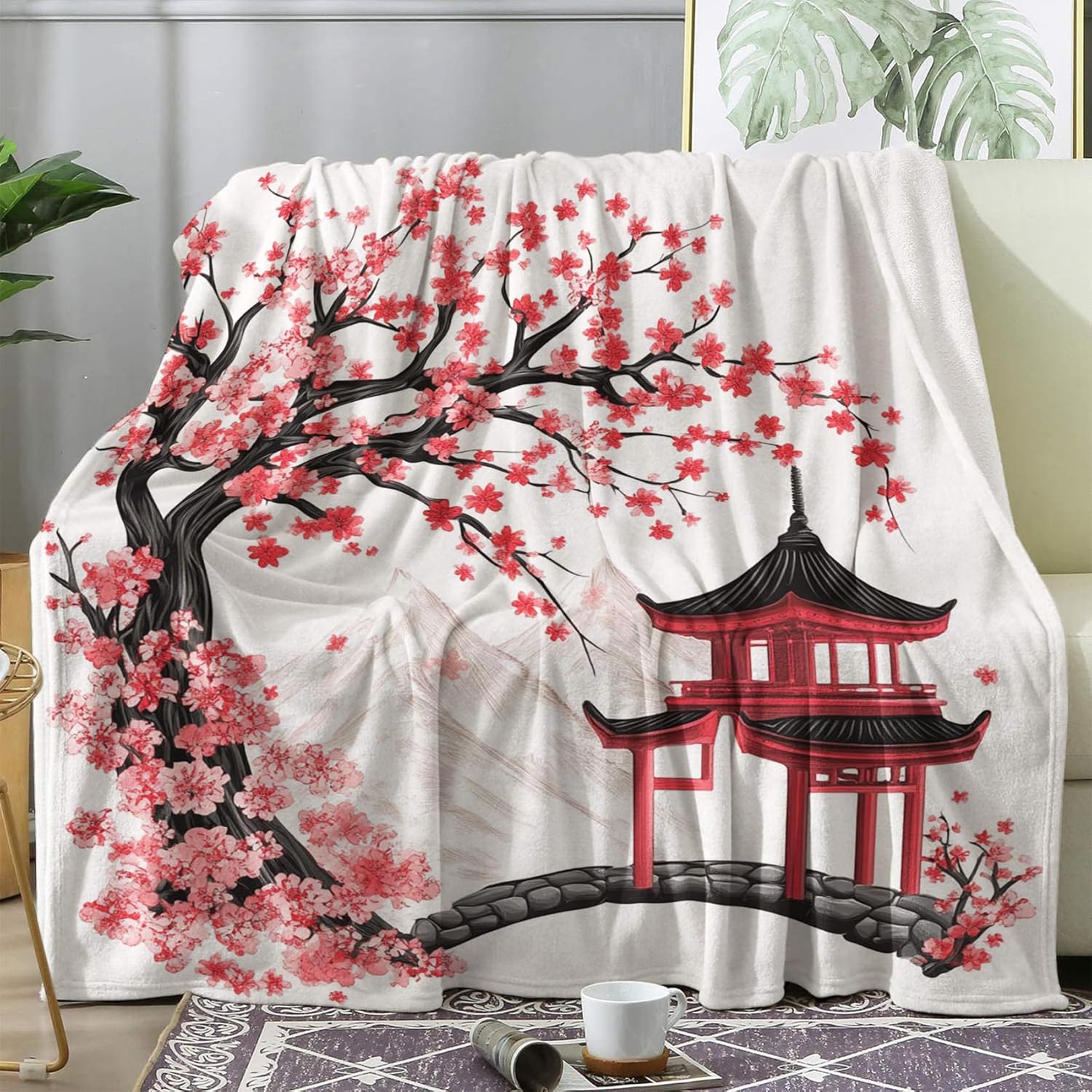 Japanese Blanket, Cherry Blossom Fleece Throw Blanket King Size for Couch Bed Sofa, Asian Blankets and Throws, Decor & Gifts, Super Soft Plush Flannel Blanket, 108x90