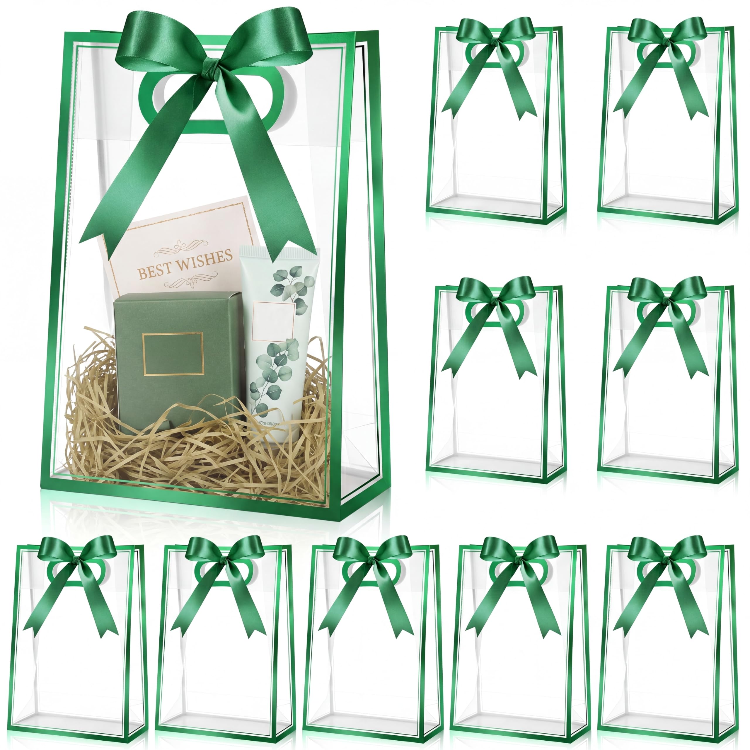 Aliceset 24 Pcs Clear Gift Bags with Handle Plastic Reusable PP Party Favor Bag with Ribbon for Wedding Birthday Baby Shower Bachelorette Party Small Business (10.2x7.1x3.15in,Green)