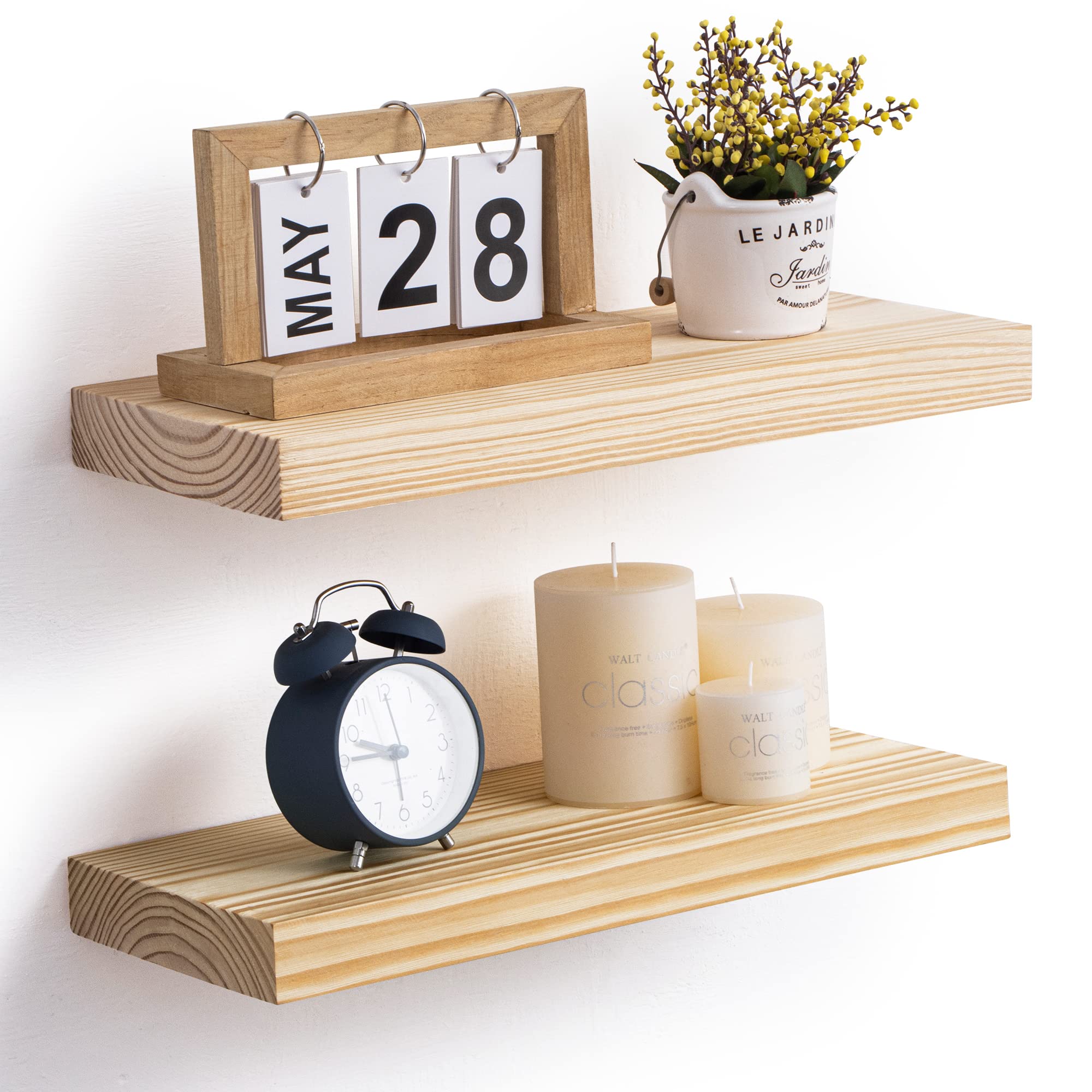 Farmhouse Floating Shelves - 16 Inch Rustic Solid Wood Wall Shelf - Handcrafted Southern Yellow Pine Storage Shelf Display Shelf for Living Room Bedroom Kitchen - Set of 2 - No Stain - Unfinished