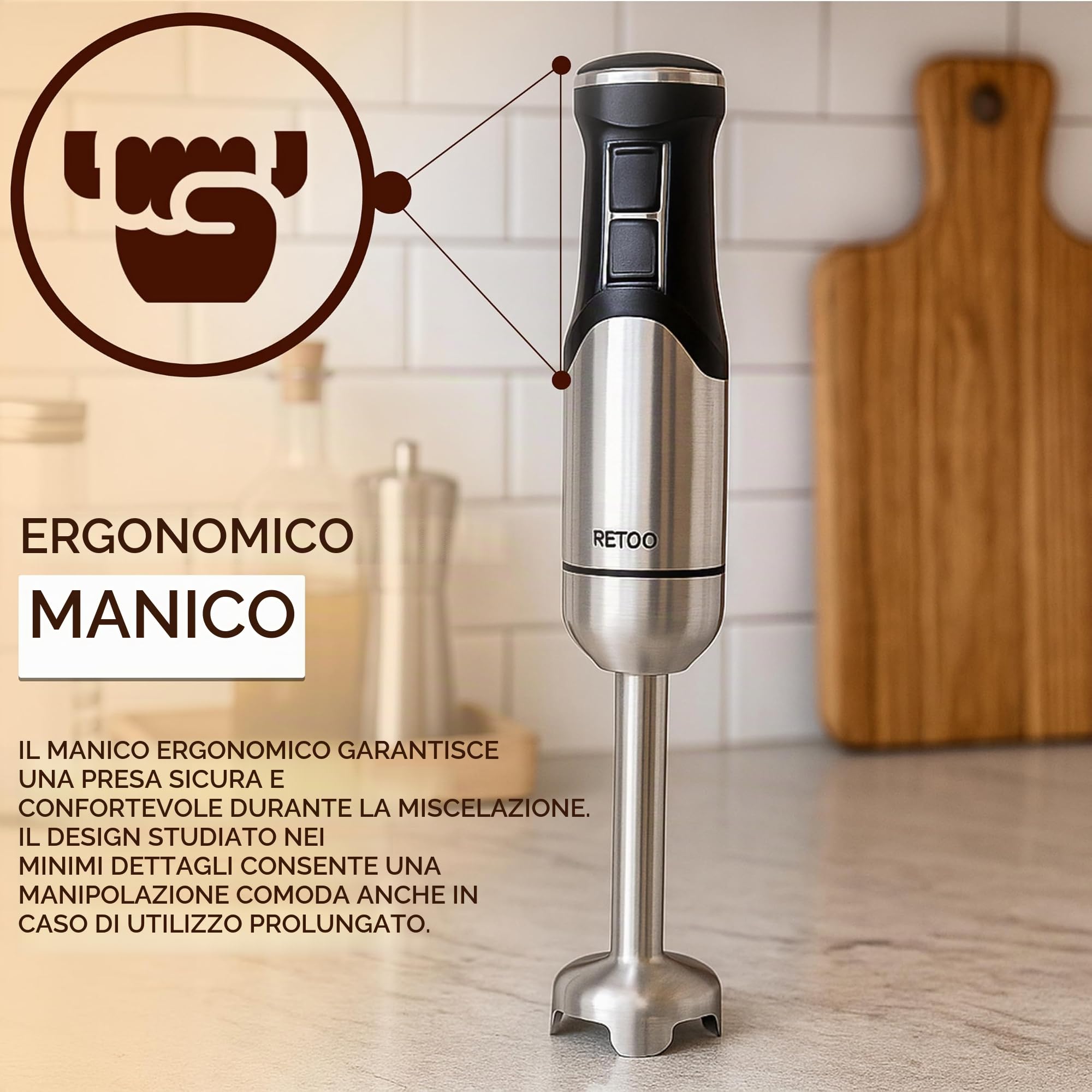 Retoo Set di frullatori a mano multifunzione, 1200 W, 15000 giri/min, turbo e 8 livelli di velocità, collo anti-spruzzi