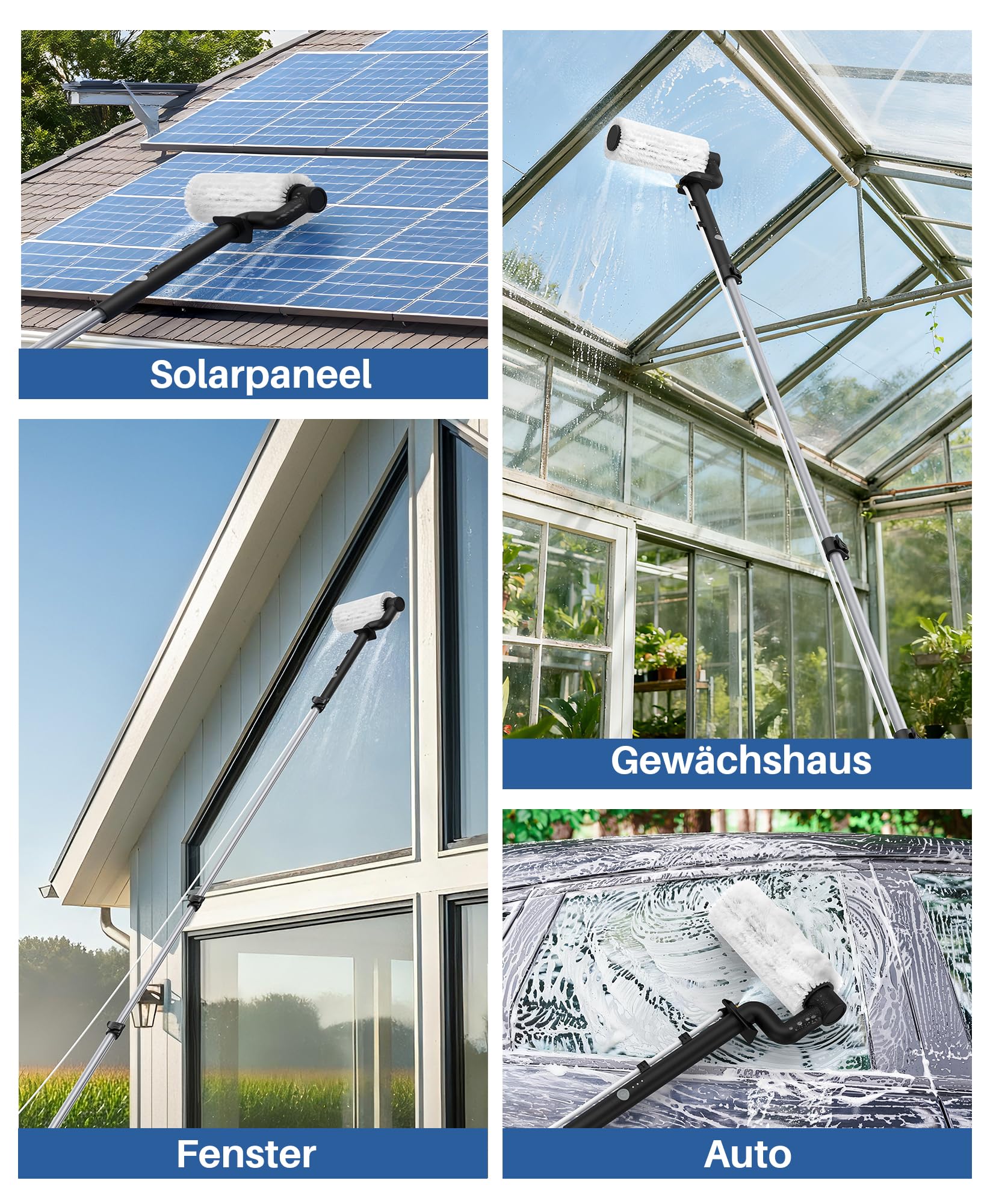 LyriFine Elettrico spazzola pulizia pannelli fotovoltaici 6,2 metri, 5 stadi telescopic hydrocleaner kit pulizia pannelli fotovoltaici e Velocità della 2a marcia per pannelli solari, vetri per tetti