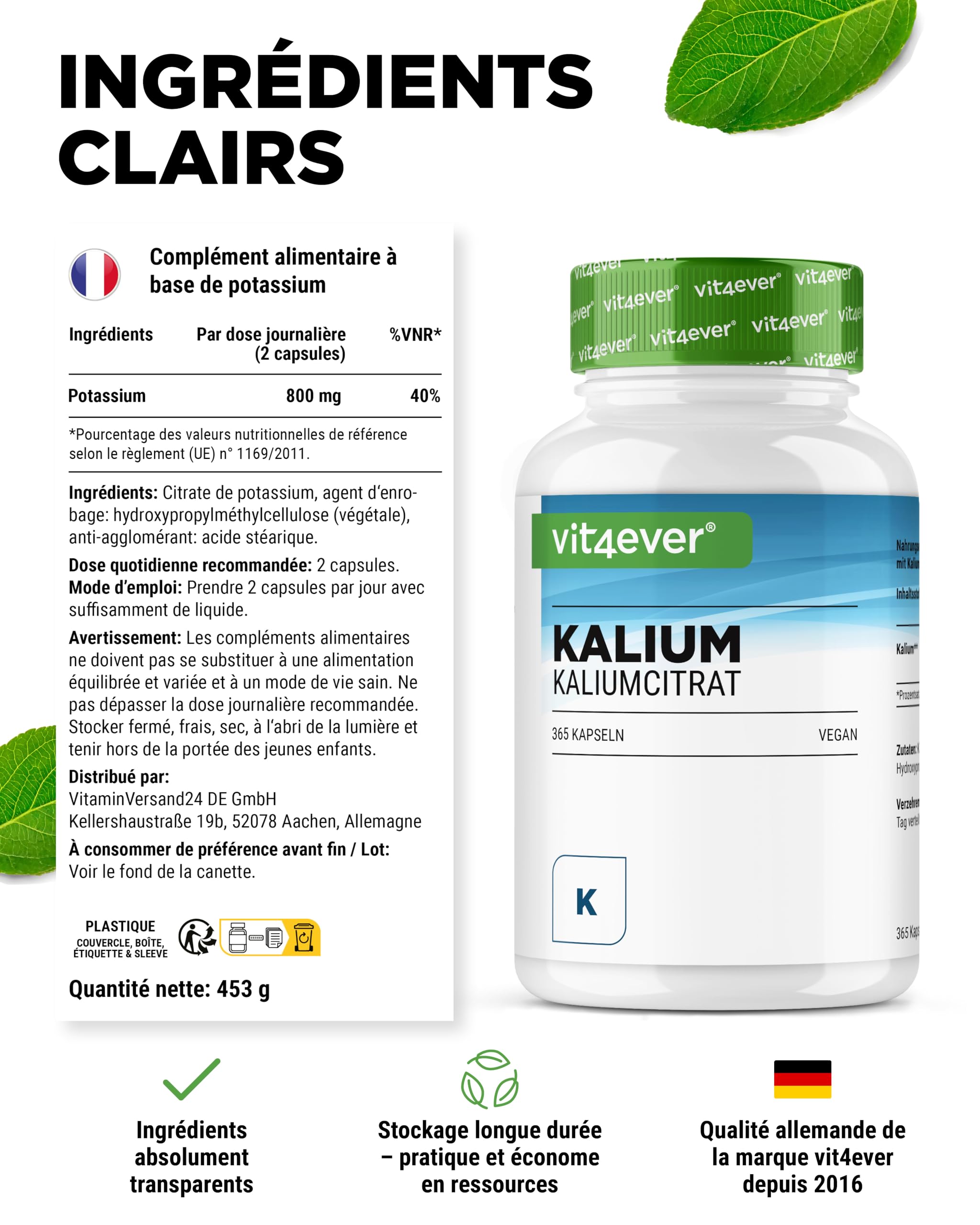 Potassium - 365 gélules avec 800 mg de potassium élémentaire par portion journalière - 100% citrate de potassium - Vegan