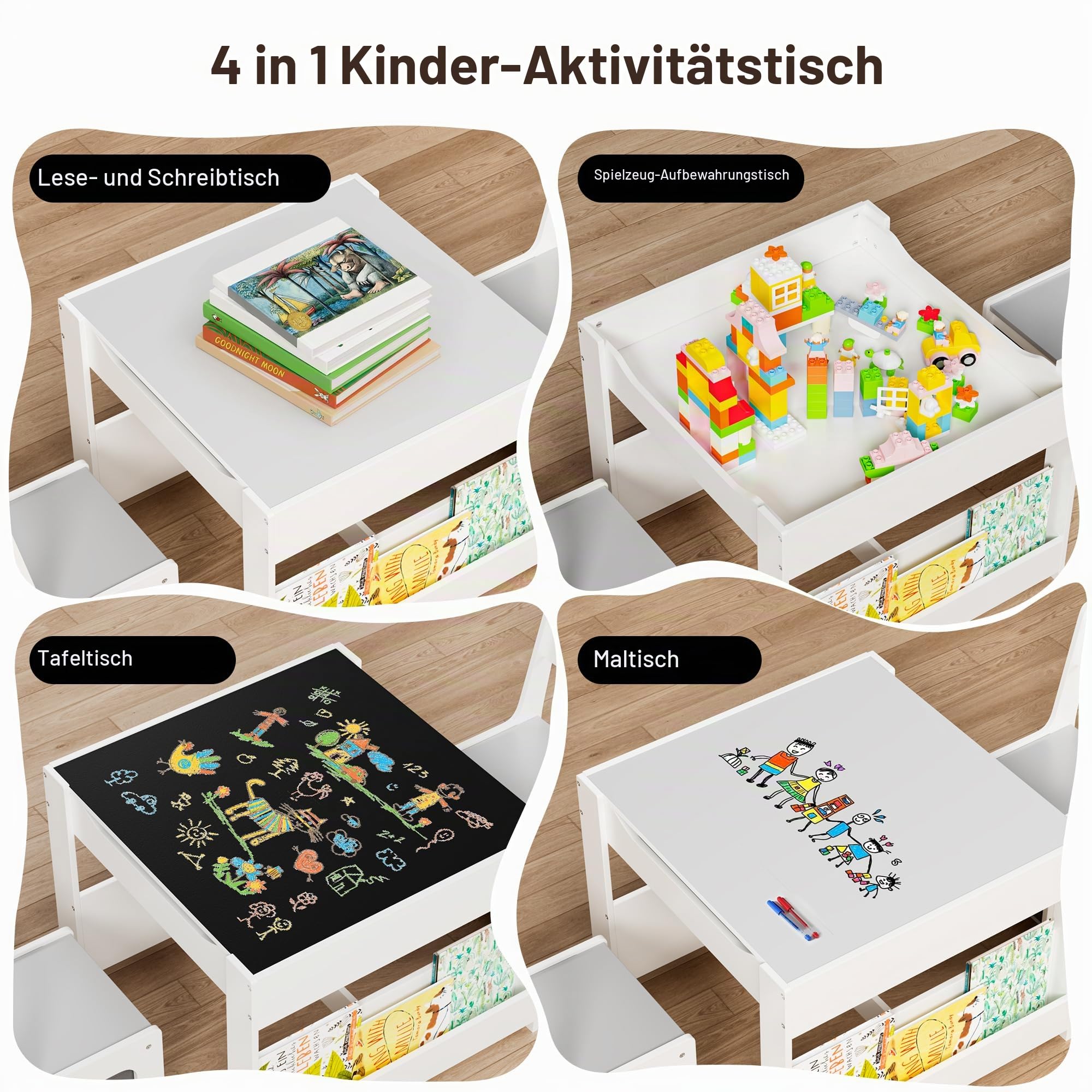 Xbro Kindertisch mit 2 Stühlen, 4 in 1 Kinder Maltisch mit Stauraum, multifunktionale Kindersitzgruppe aus Holz mit Bücherregal, für Kinder ab 3 Jahren, 61,5 × 61,5 × 48 cm, Grau