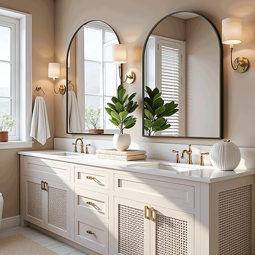 Miniatura 3 de Espejo de baño arqueado para pared, espejo para tocador, espejo grande de 38 x 26 pulgadas, marco de metal (38 x 26 pulgadas, negro)