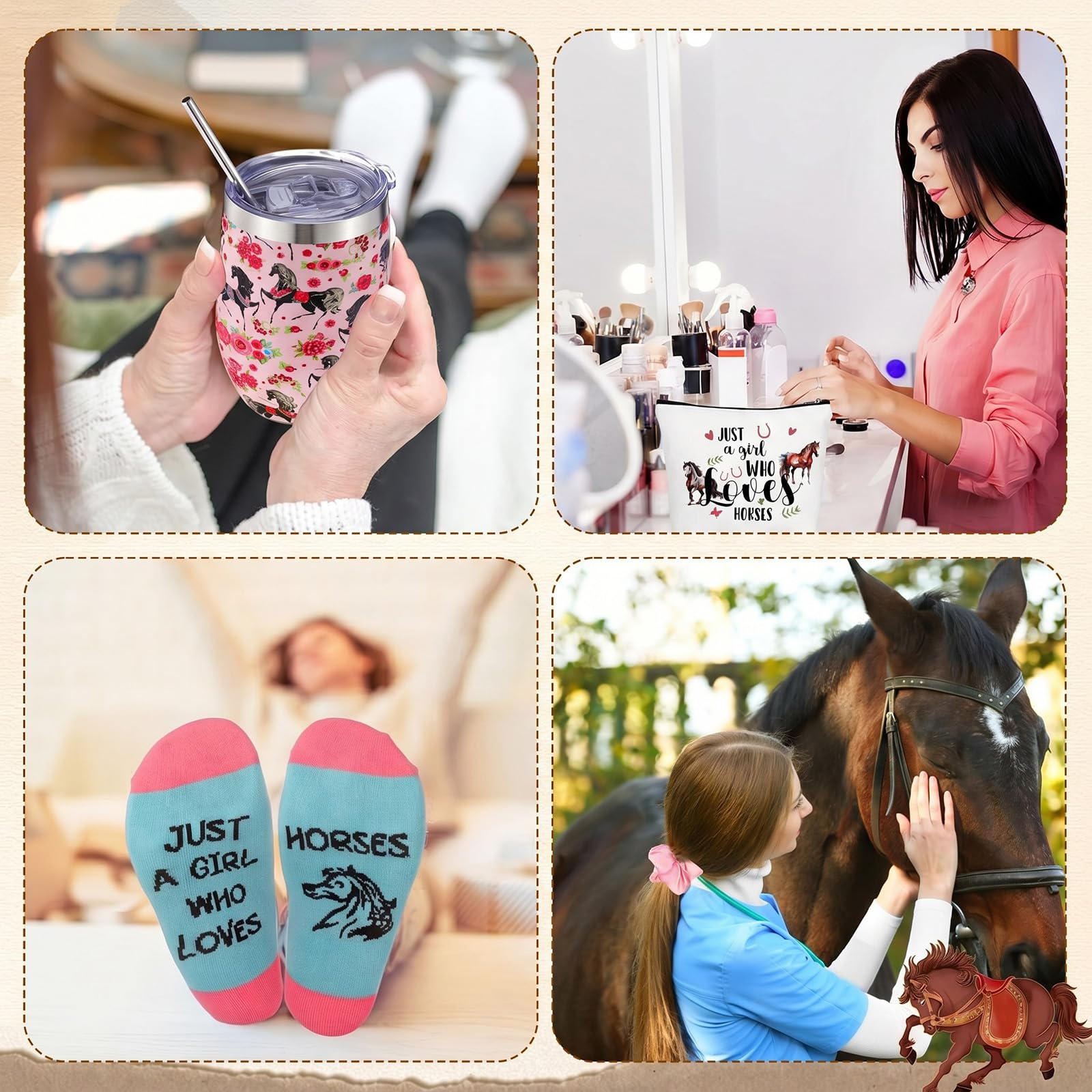 Landical 59 piezas de regalo de caballo de Navidad para mujer, incluye taza con temática de caballo, bolsa de maquillaje, calcetines, pulsera, collar, coletero, adorno de madera, tarjeta de