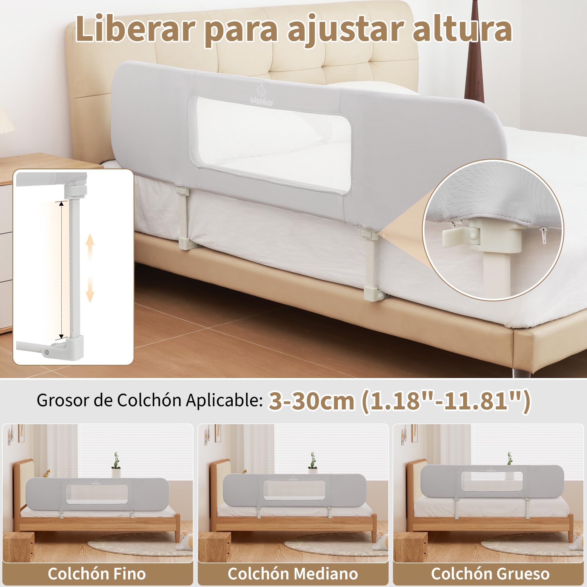 2 en 1 Barrera de Cama Abatible 185cm, Cuna Colecho con Bolsa de Transporte Viaje para Viajar o Vacaciones - Sin instalación, Fácil de Transportar - Gris