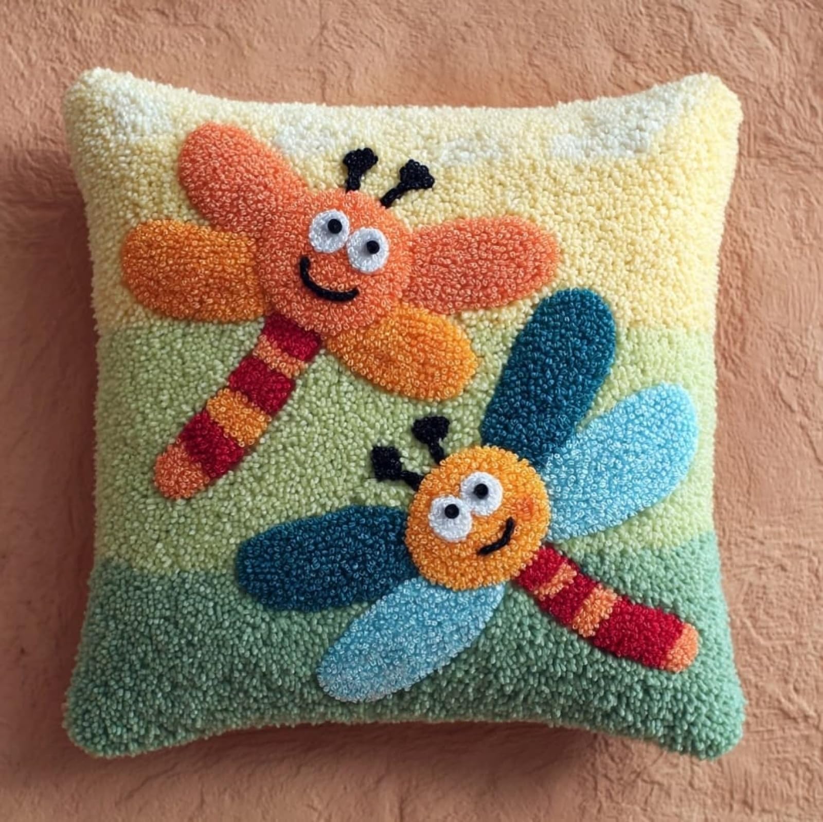 WallustrioaW 43x43cm Latch Hook Embroidery Cushion Kit,Cartoon Dragonfly