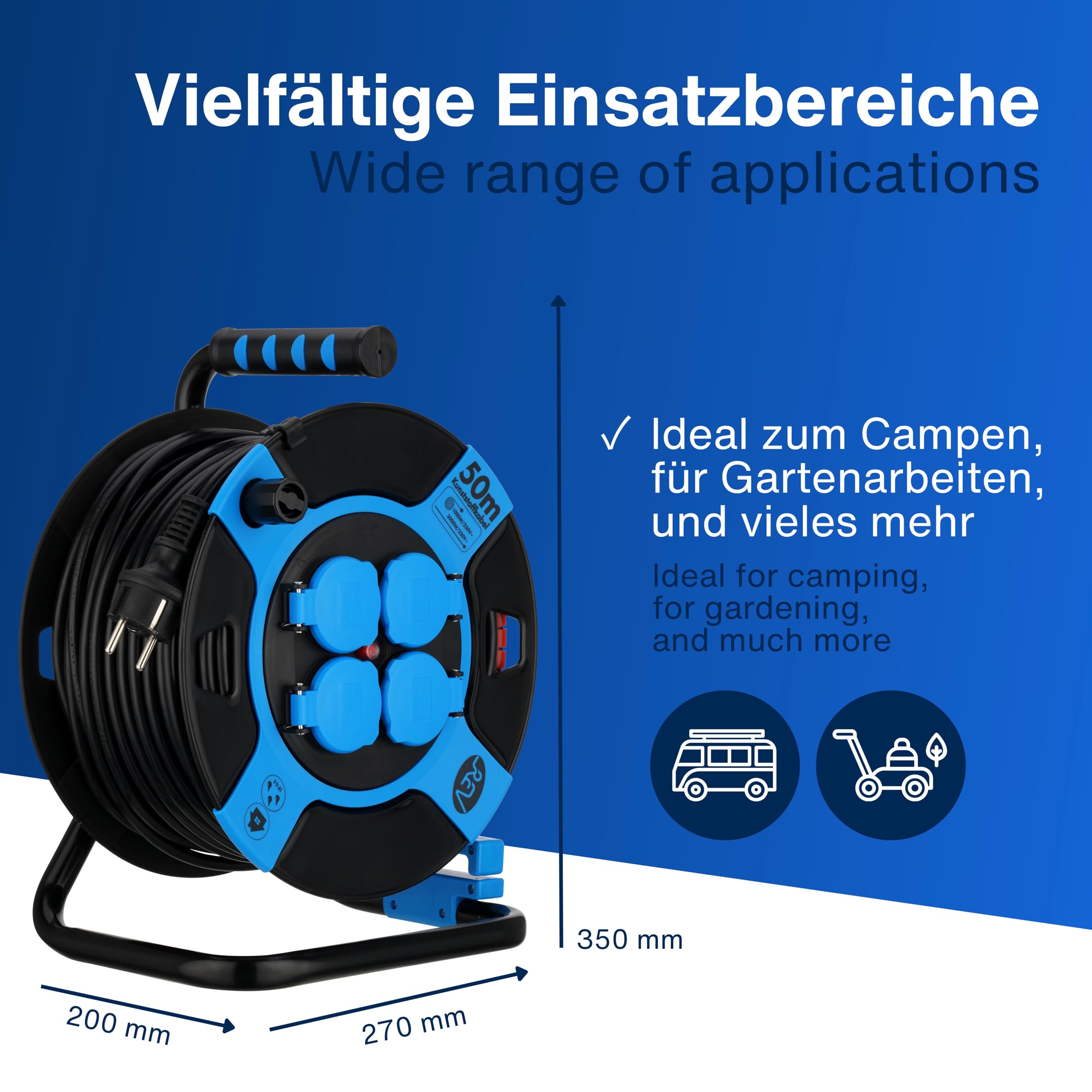 REV Kabeltrommel 50m Outdoor IP44 4 Schutzkontaktsteckdosen blau