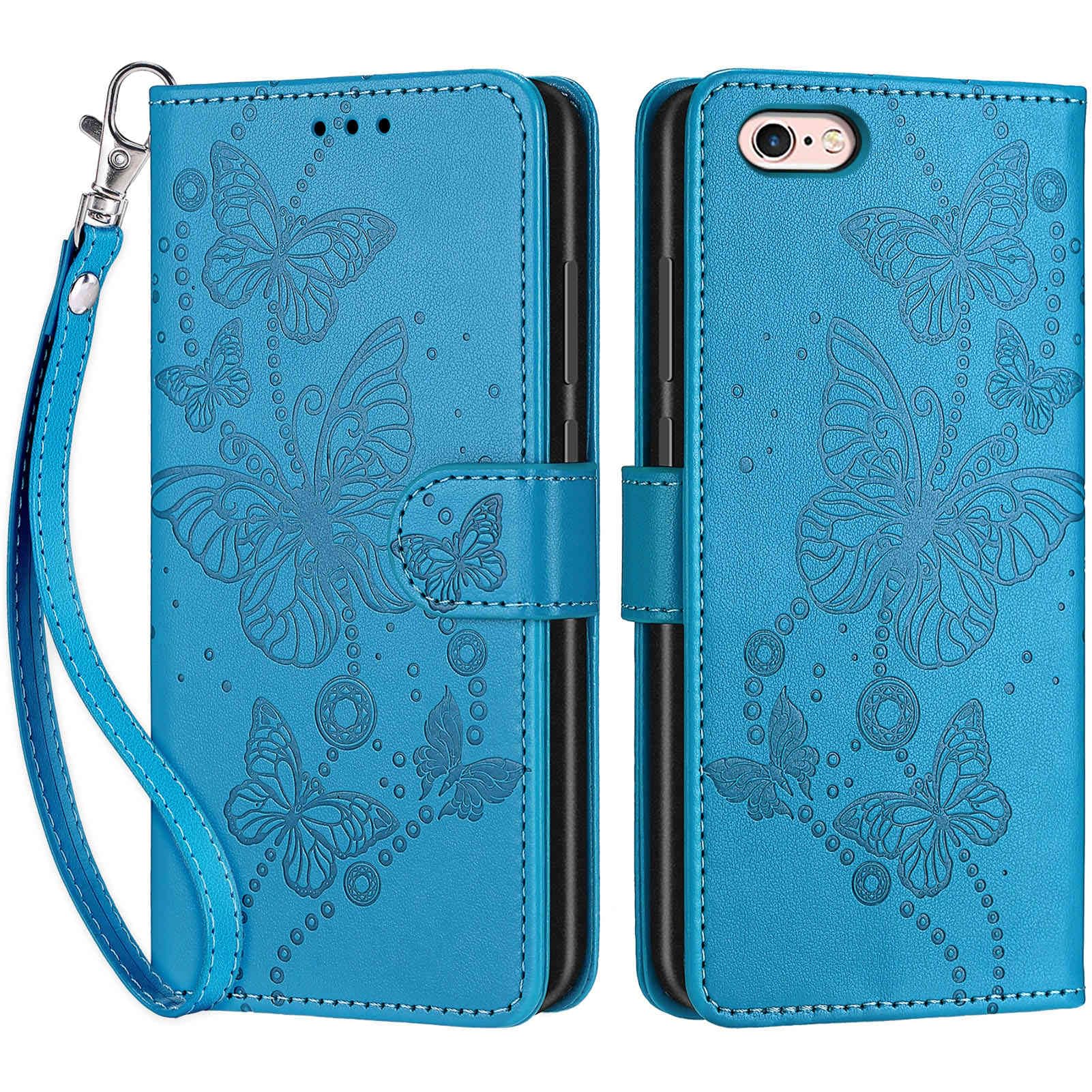 for iPhone 6 / 6S Case, Embossed Premium PU Leather Folio Flip Notebook Wallet Cover Compatible with iPhone 6 / 6S Phone Case [Magnet Closure][Kickstand][Card Slots], Blue Butterfly