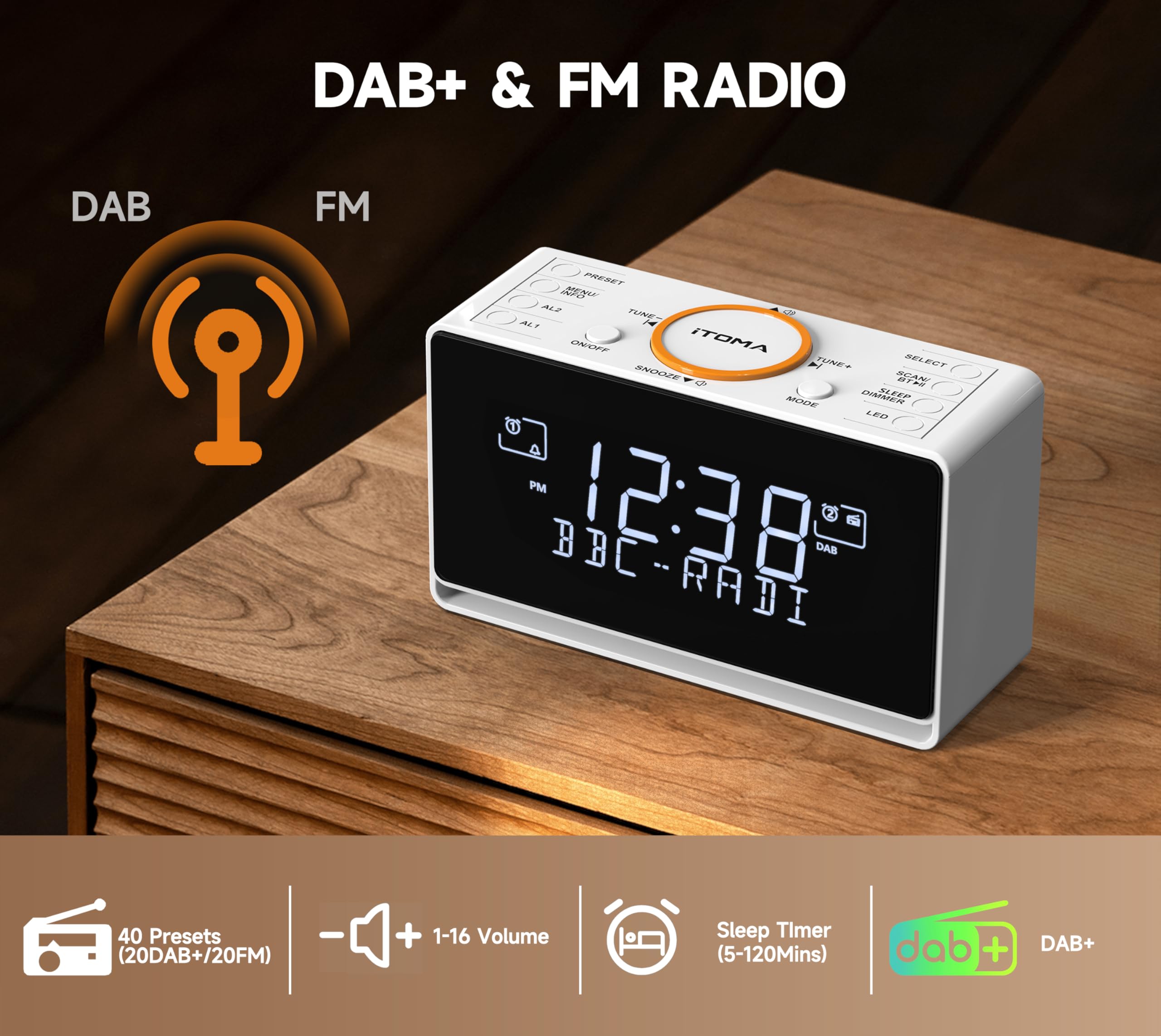 Despertador de radio DAB y FM con 40 preestablecidos, bluetooth, doble alarma, cronómetro de sueño, control de dimmer, cargador USB y enchufe de auriculares iTOMA 728