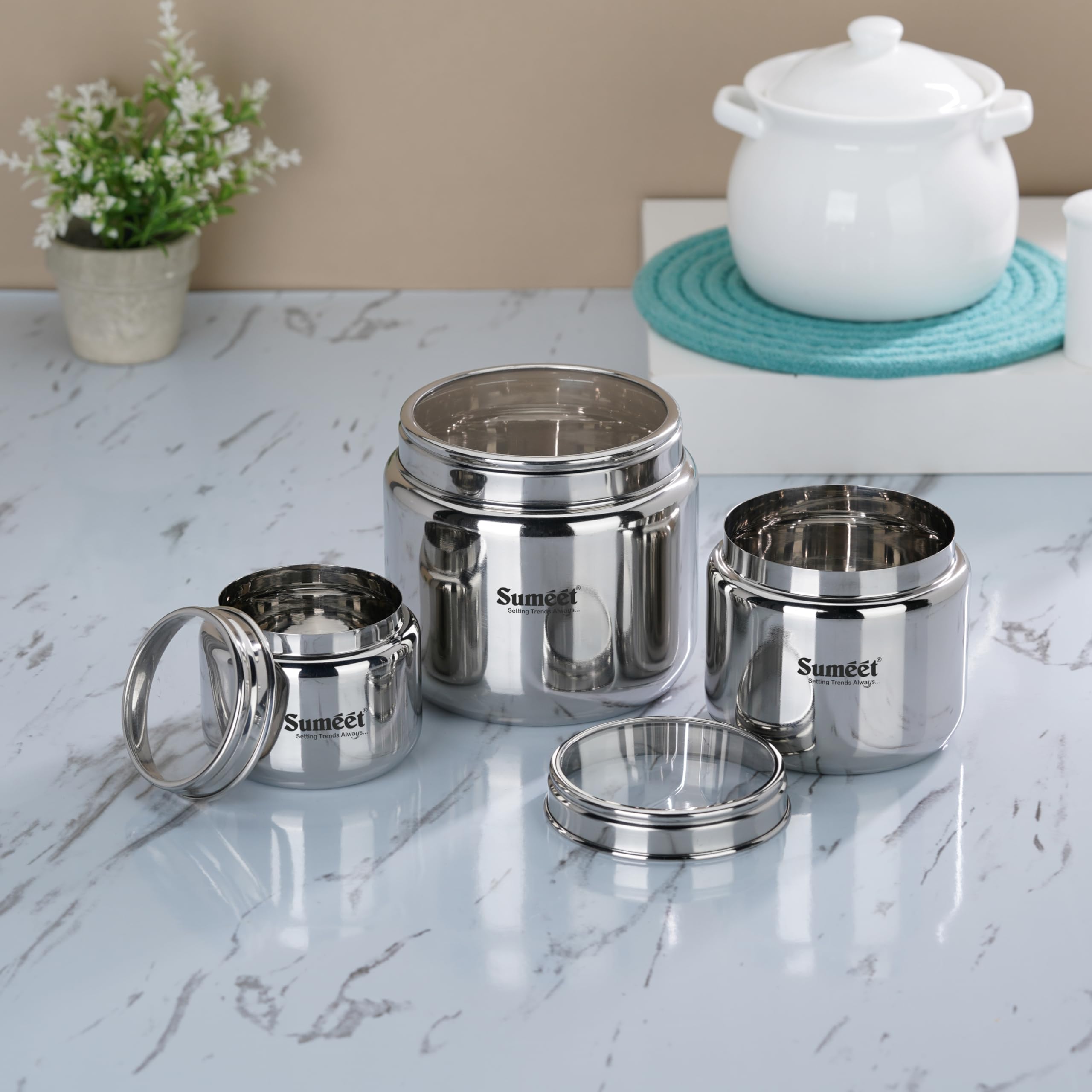 Sumeet Recipientes de acero inoxidable para cocina con tapa transparente, combo de 3 unidades (400 ml con 9 cm de diámetro, 800 ml con 11 cm de diámetro y 1450 ml con 13,5 cm de diámetro), color