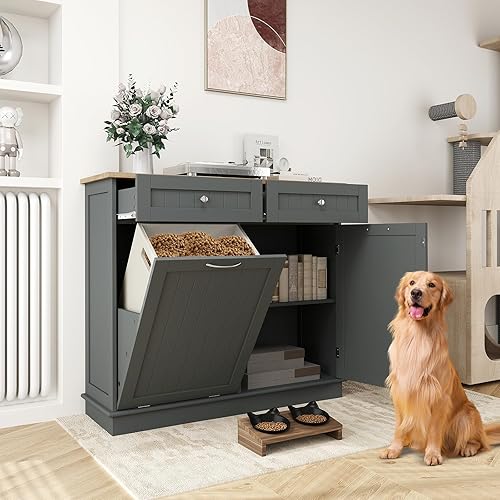 Miniatura 16 de Armario de basura inclinable, isla de cocina con 2 cajones y estante ajustable, encimera de madera de goma, cesta de lavandería independiente,