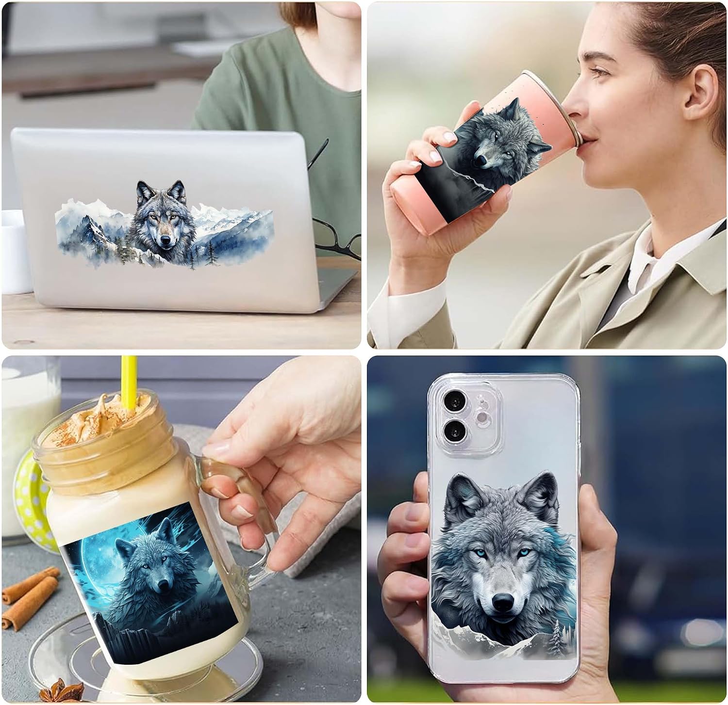 UV DTF Transfer Stickers for Tumblers - 5 Sheets Wolf Pack Design, Waterproof Adhesive Decals for Cups, Glass, Plastic, Phone Cases DIY Decor