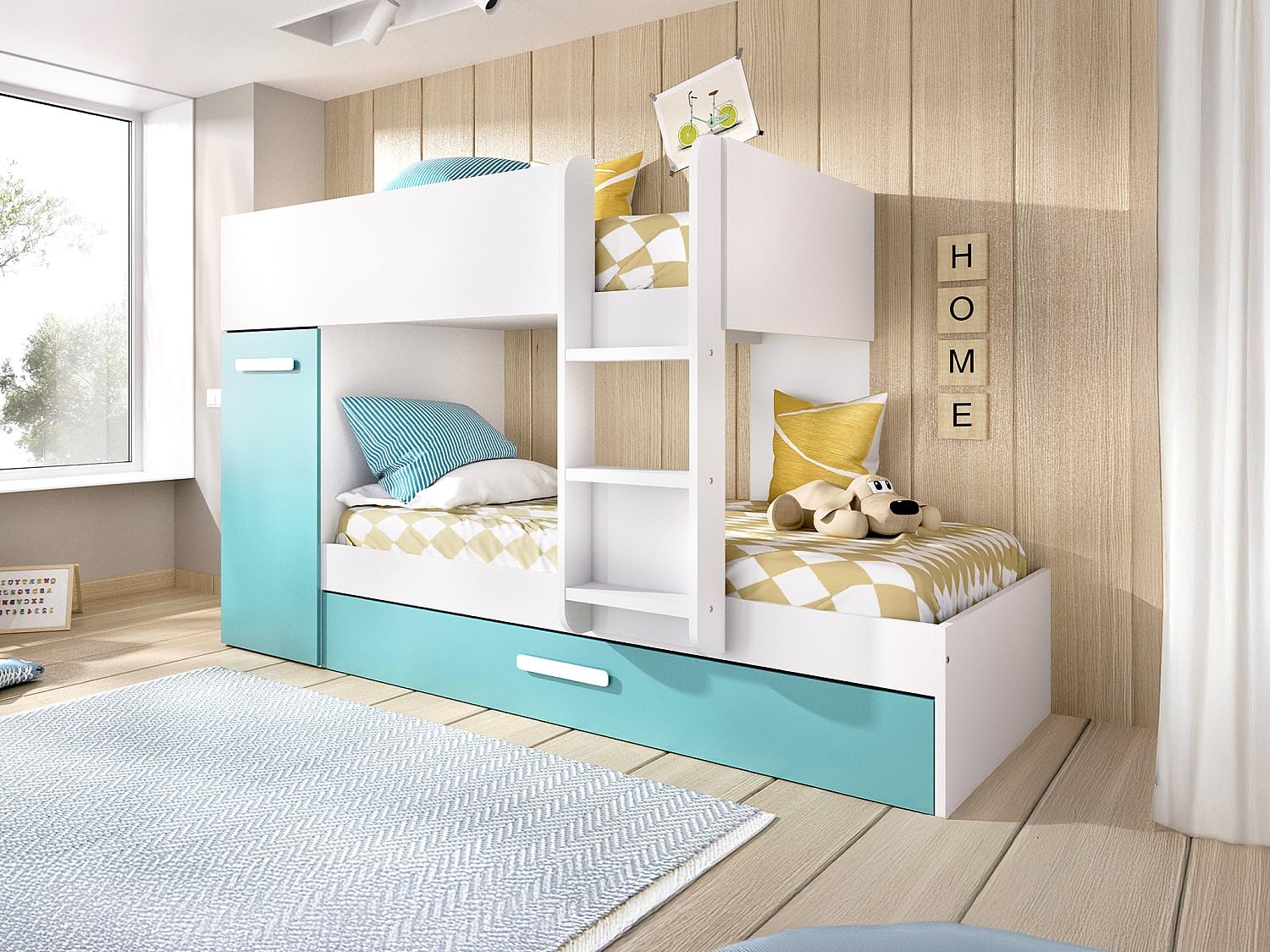 DEKIT GRUPO RIMOBEL TOM - Cama trem con armario y cama arrastre - Blanco/Esmeralda - 150 X 244 X 112