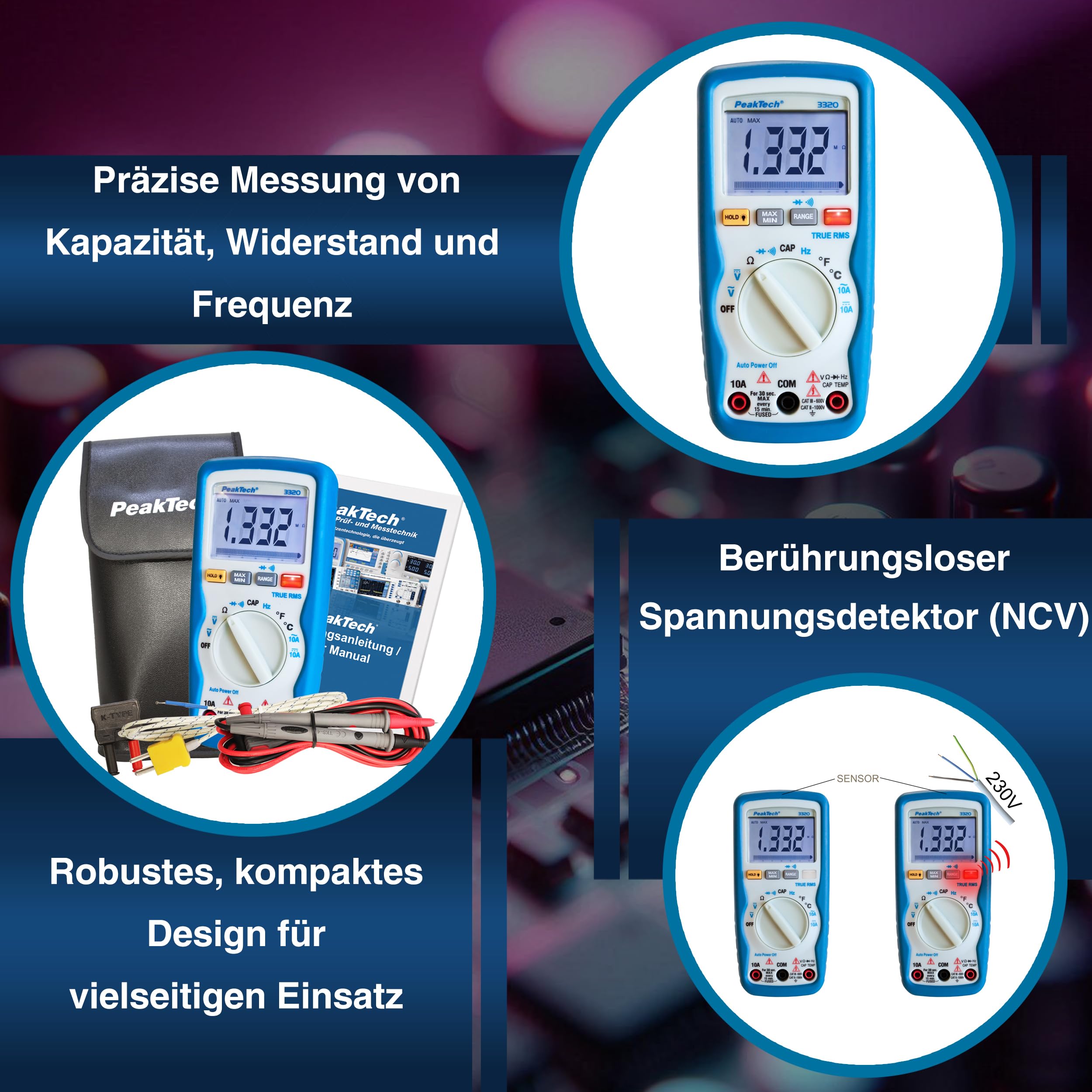 PeakTech P 3320 Digitales Multimeter mit TrueRMS, 10 A AC/DC, 6.000 Zähler, tragbares Multimeter, Voltmeter, Autorange, Durchgangsprüfer, Stromversorgung, Datenspeicher, LCD-Display - CAT III 600 V