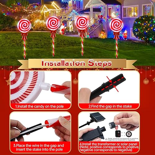 Miniatura 4 de Paquete de 4 luces de camino de piruleta de Navidad para exteriores con lazos, 80 luces LED solares de alto brillo, 8 modos, luces de paisaje