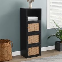 Convenience Concepts Xtra Storage Boho Weave 3 Door Cabinet 16.5" - Modern Rattan Organizer with Shelf for Living Room, Bathroom, Office, Home Library, Closet, Black/Beige Barley
