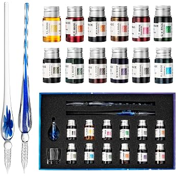 Glass Dip Pen Set 12 Color Inks Pen Holder Cleaning Cup 2 Crystal Glass Pens for Art Writing Drawing Signatures Gift for Artists