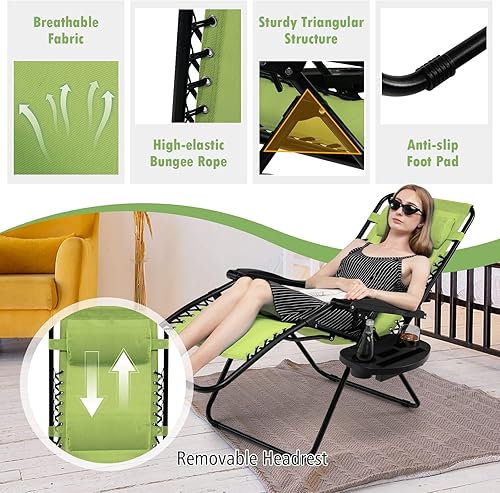 Miniatura 6 de Tangkula Juego de 2 sillas de gravedad cero, silla plegable para patio, reclinable, ajustable, con soporte para tazas, reposabrazos anchos para