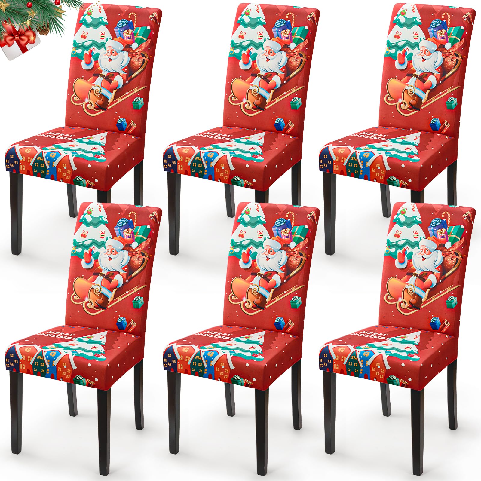 Eozakavod Fundas Sillas de Comedor Navideña 6 Piezas Modernas Fundas para Sillas Elástica Cubiertas para Sillas Navidad Fundas de Sillas Lavable para Fiesta Decorativa Banquete (6 Piezas, Papá Noel)