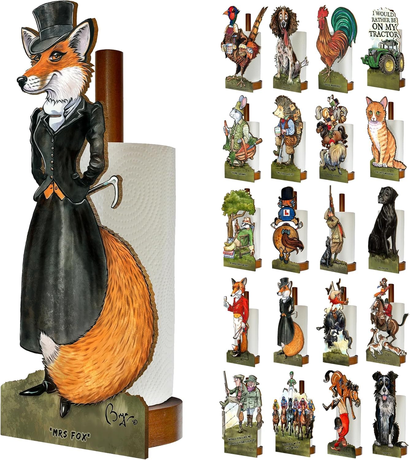Looprints Women's Mrs Fox Fun Toilet Roll Storage & Kitchen Towel Holder Wooden Stand | Bryn Parry Horse Riding Art | Novelty Kitchen & Bathroom Decor & Accessories | A Standout Piece Of Functional Equestrian Decor.