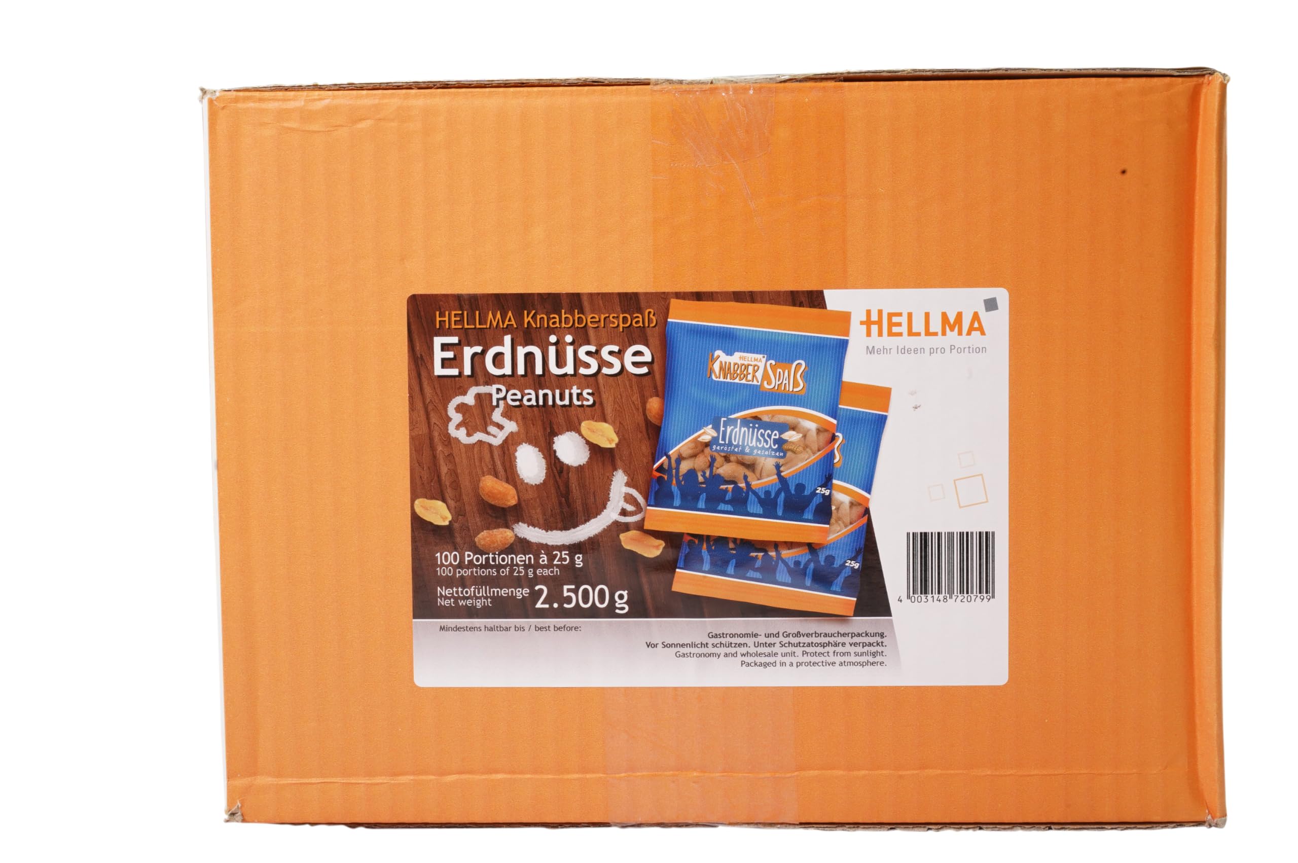 HELLMA Erdnüsse - 100 Stk. Salzige Knabberei im Mini-Beutel je 25 g - Snack-Vorrats-Box - für Büro oder unterwegs