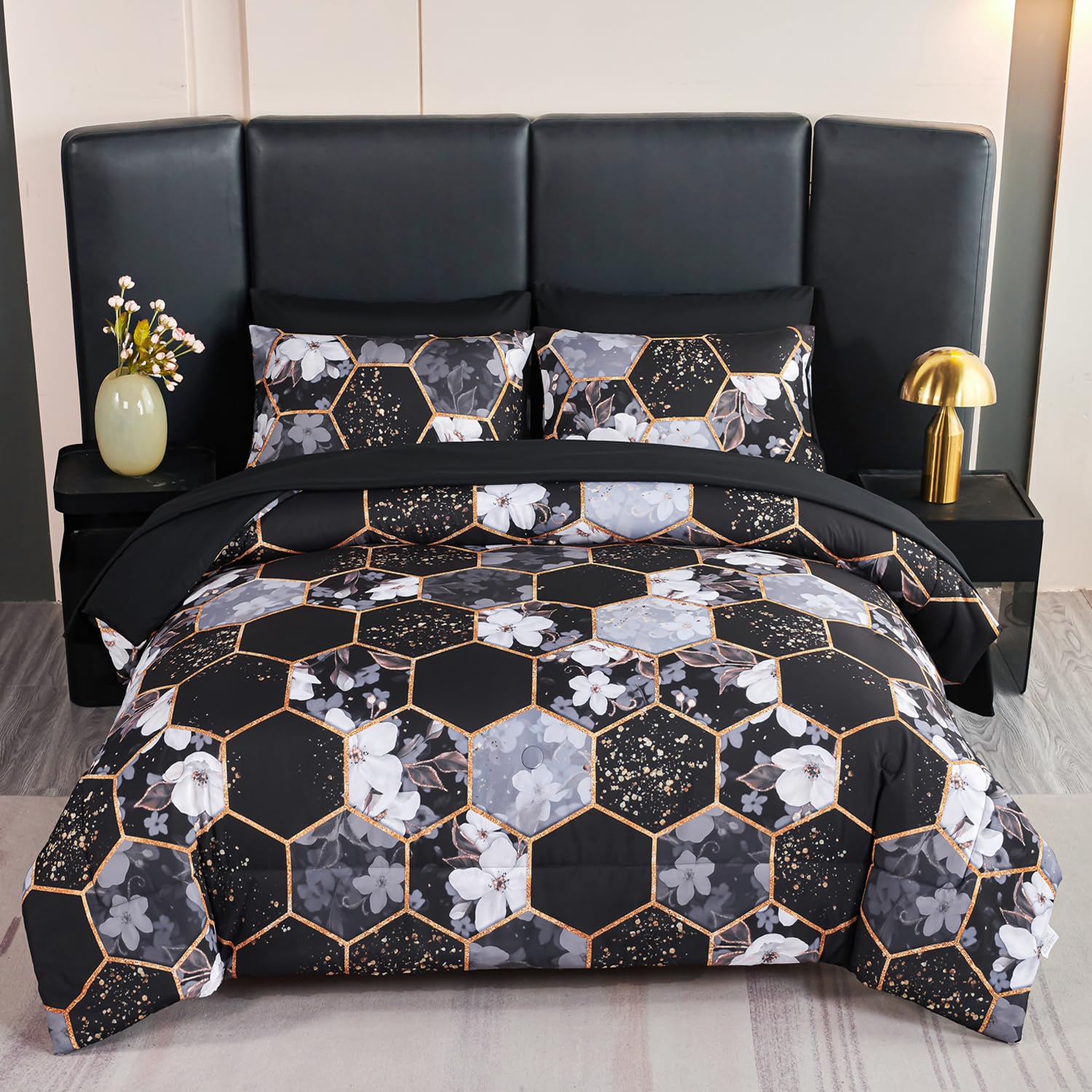 Juegos de ropa de cama de mármol tamaño queen con edredón negro y sábanas de flores