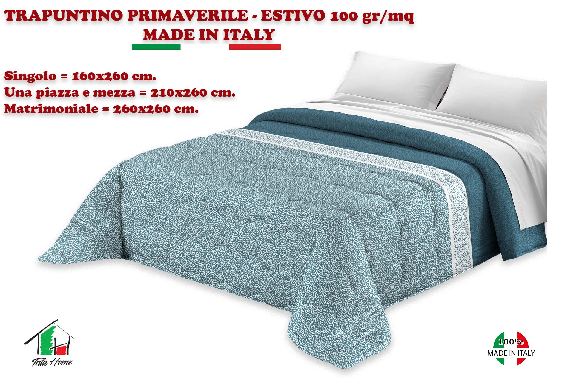 Trapuntino Copriletto Primaverile Tata Home - Singolo 170x260 Cm - Floreale Rosa, 100 Gr/mq, Made In Italy, Double Face