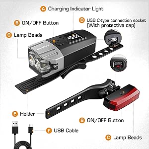 EverBrite Bike Lights for Night Riding, Rechargeable Bicycle Lights Front and Rear, 5+4 Light Modes, Bike Light Set with Charging Indicator, Waterproof Rotatable Headlight for Bike, Bike Accessories