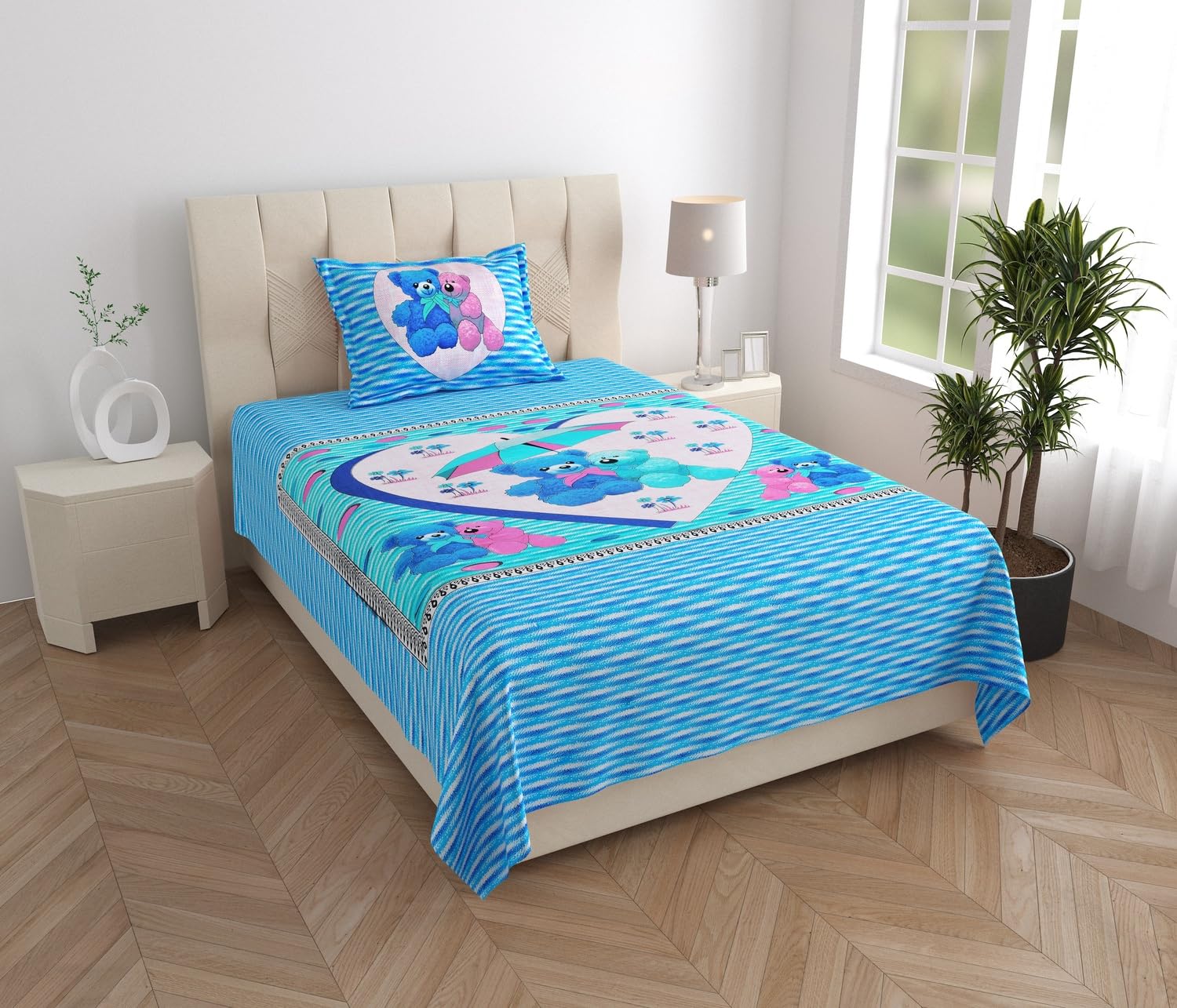 SHRISHTIRAJ Kids Single Bed Sheet with Pillow Cover, Blue Teddy Bear Print | Heart & Stripes Design, 1 Pillow Cover Included, Children's Bedding, Blue & Pink Colour, Single Bed Size-image-14