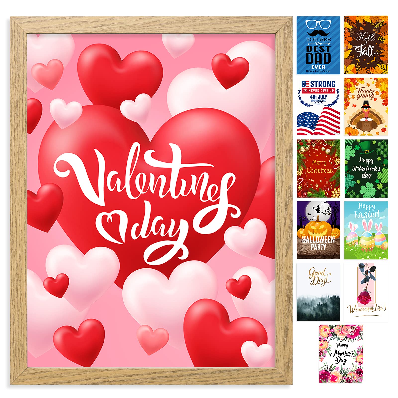 Crelity Farmhouse Wall Decor Sign with 12 Interchangeable Wall Art Fathers Day Decoration - Easy to Hang 13x17'' Rustic Wood Picture Frame with 12 Prints - Home Decor for You