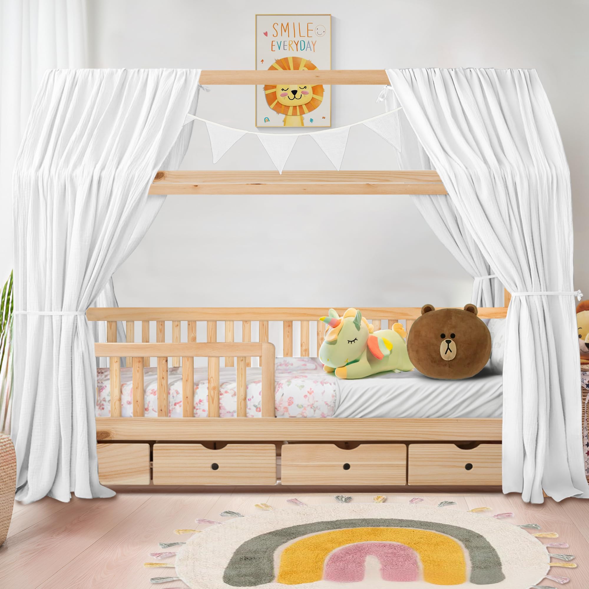 iLuane Hausbett Himmel aus 100% Baumwolle Musselin – Stoffhimmel Deko mit Schleifen – Betthimmel für Hausbett – Vorhang aus Musselin Stoff – Himmel Dekoration in 6 Farben & 4 Größen