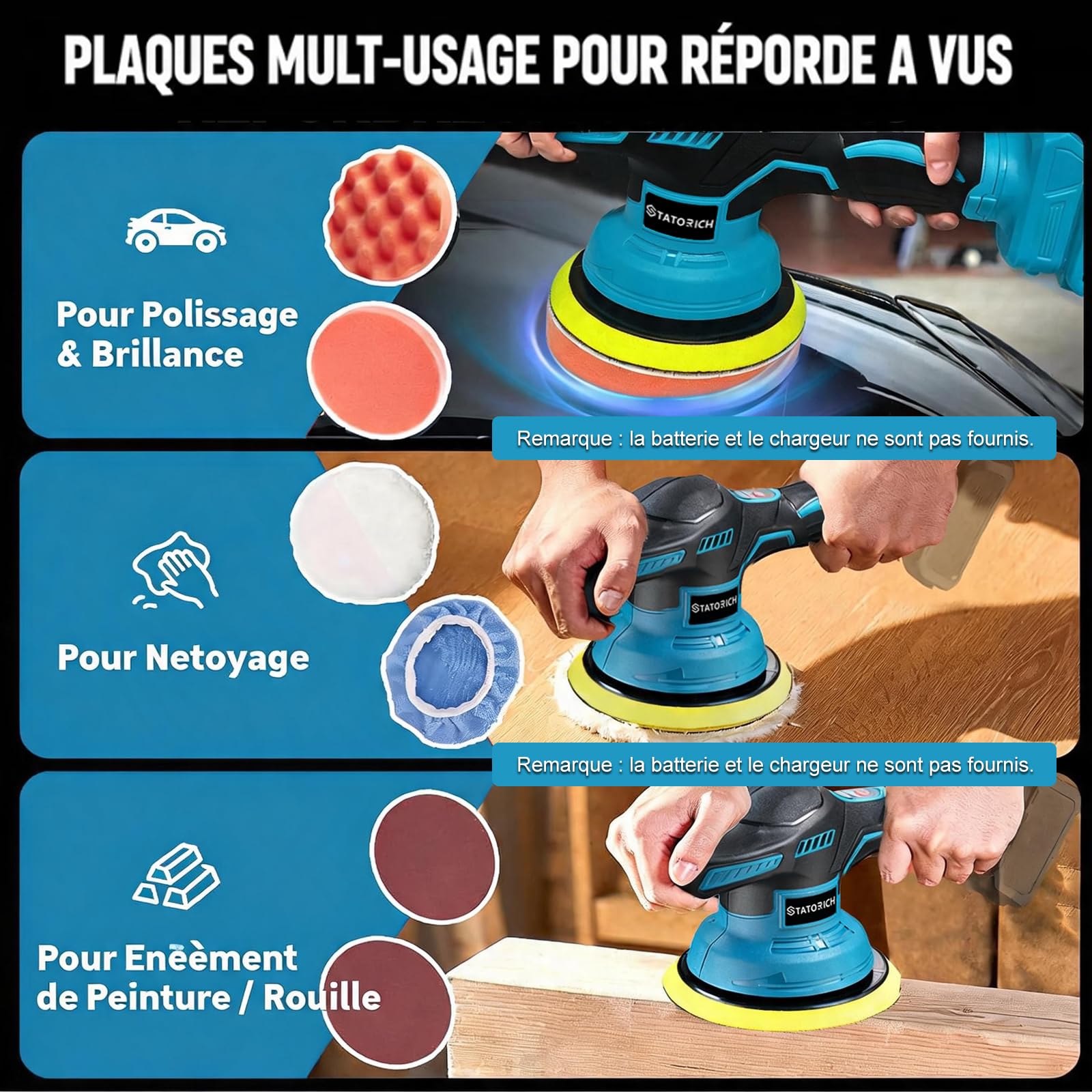 Polisseuse Voiture Sans compatible avec Makita 18 V, 8 vitesses (2800-6000 tr/min), 27 pièces poignée amovible des Voitures et Des Bateaux, Polissage,Cirage et Finition des Voitures(Sans batterie)