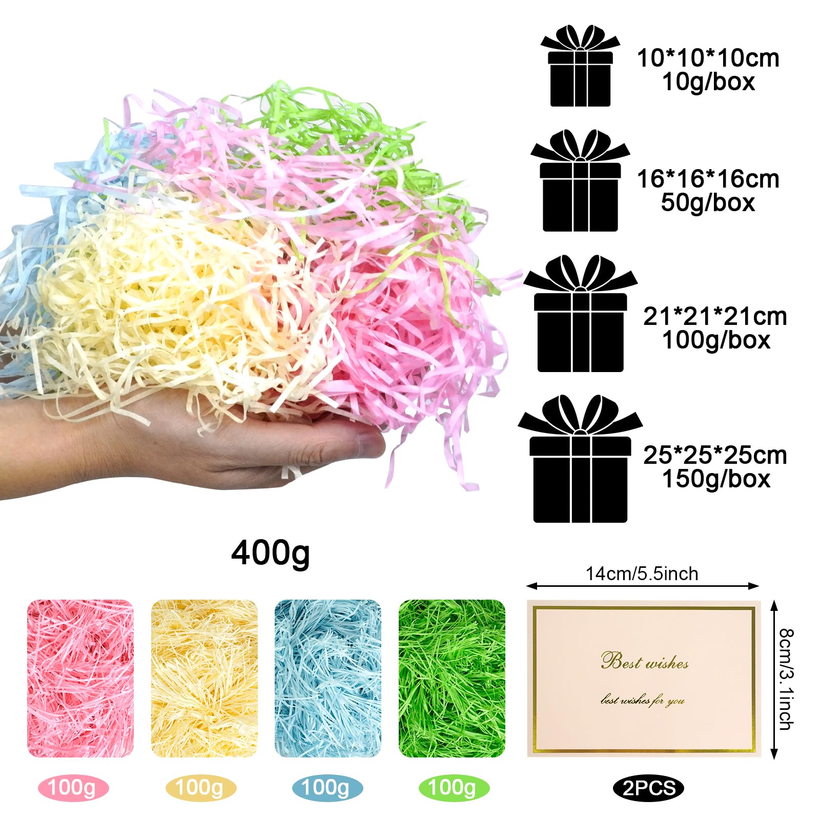 Materiał wypełniający 400 g, prezent: 4 kolory rozdrobnionego papieru, miękki materiał wypełniający do paczek i koszy prezentowych z 2 kartkami z życzeniami | dekoracja na prezent festiwalowy
