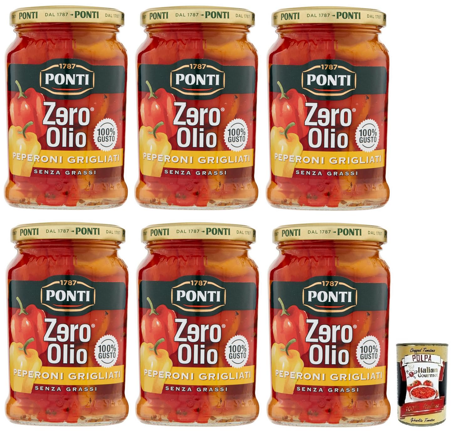 6x Ponti Peperoni Grigliati Zero Olio,Ohne Öl,Gegrillte Paprika,Fettfrei,Glas 290g + Italian Gourmet Polpa di Pomodoro 400g Dose