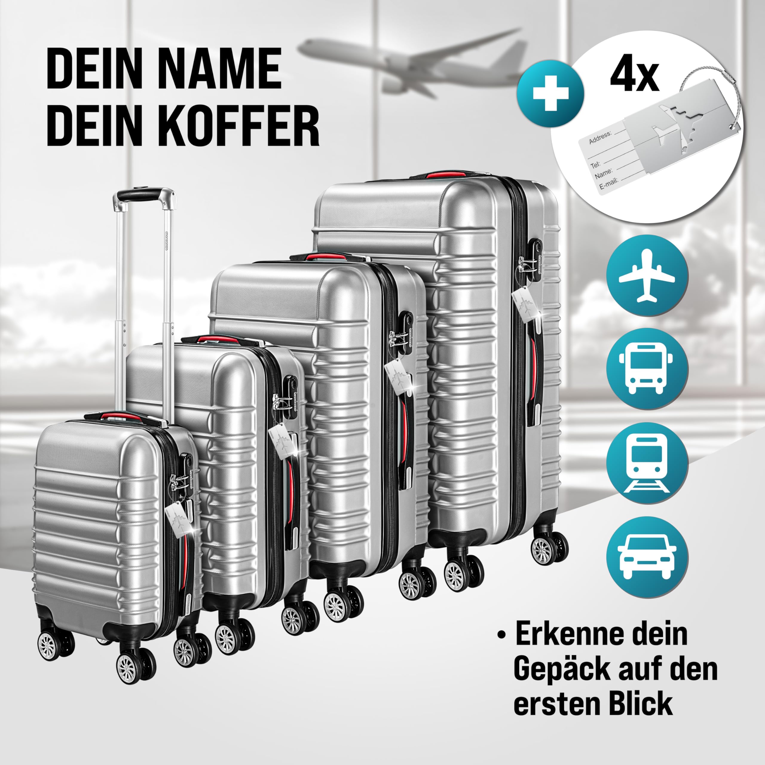 Monzana® 4tlg Kofferset Schloss Organizer Kofferwaage Gurt Gel-Griffe Zwillingsrollen Standfüße Trolley Reisekoffer Hartschale Koffer S-M-L-XL Silber