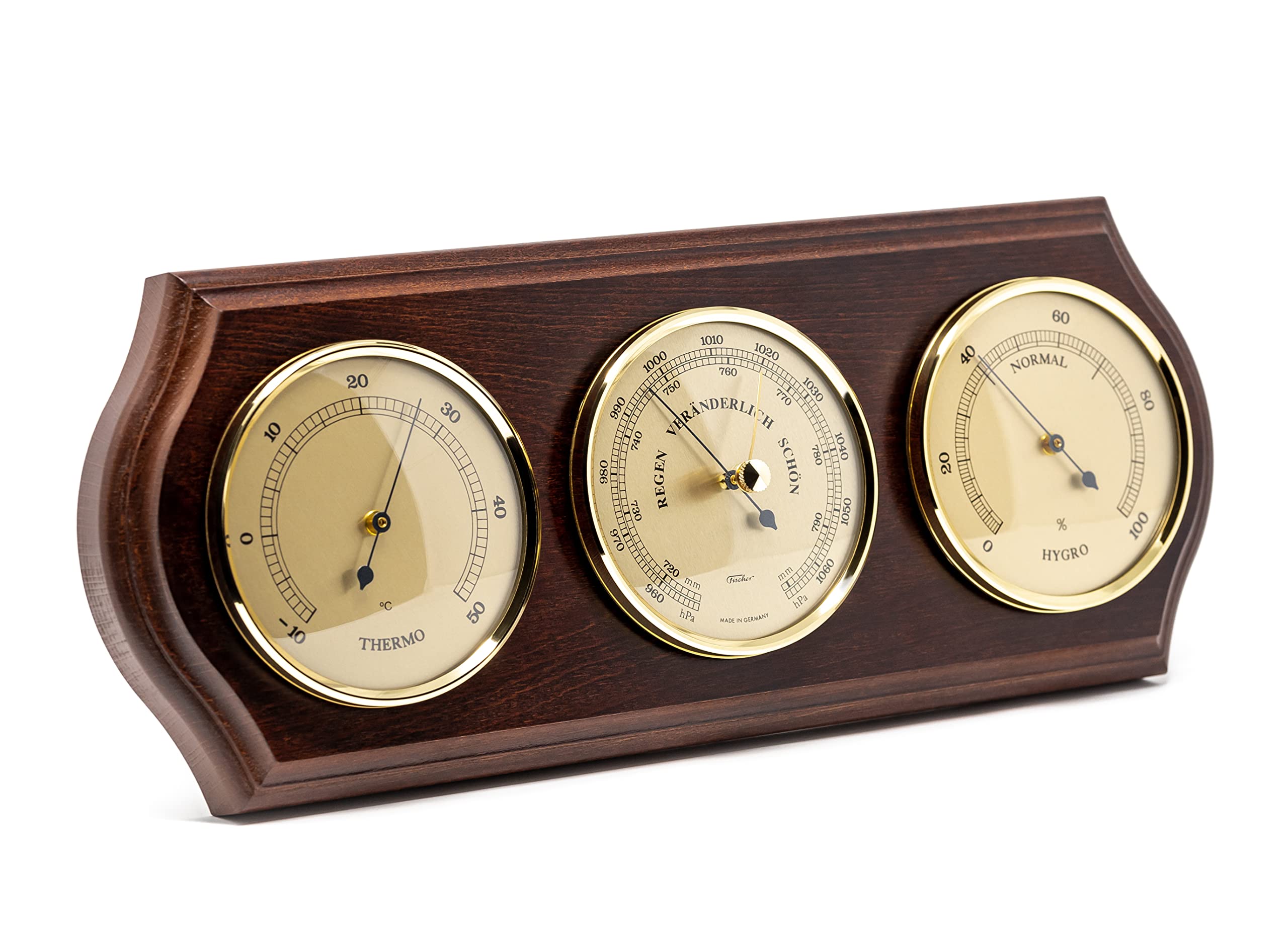 Fischer 9176-22 - Stazione meteo con termometro, barometro, igrometro, cassa in vero legno, made in Germany