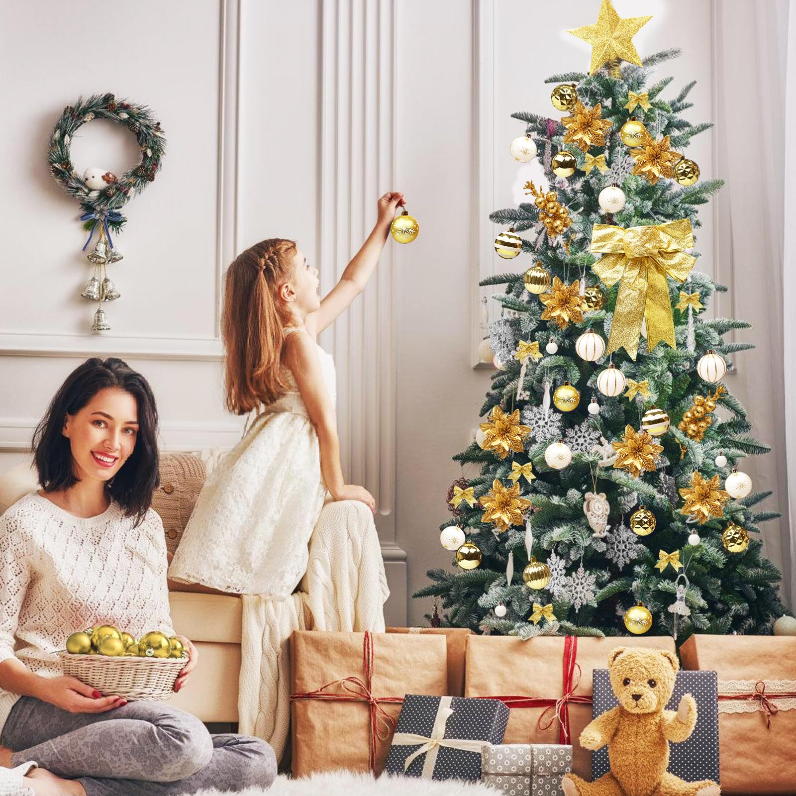 Lot de 88 boules de Noël dorées avec fleurs de Noël, flocons de neige, nœud, étoile pour couronne de Noël, guirlande de Noël