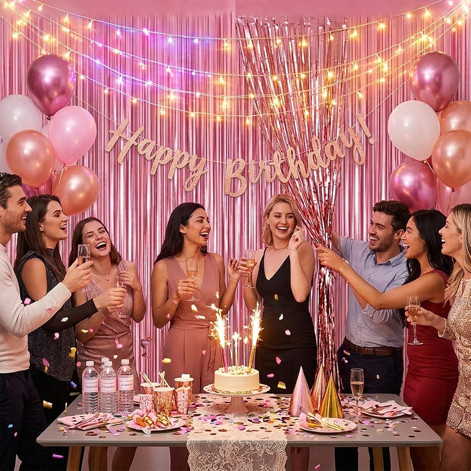Pastel Pink Glossy Metallic Tinsel Fringe Curtain Backdrop for Party, Girls Birthday Cecorations, Bachelorette, Bride – 3.2ft x 6.5ft x 1mil (1 Pack)