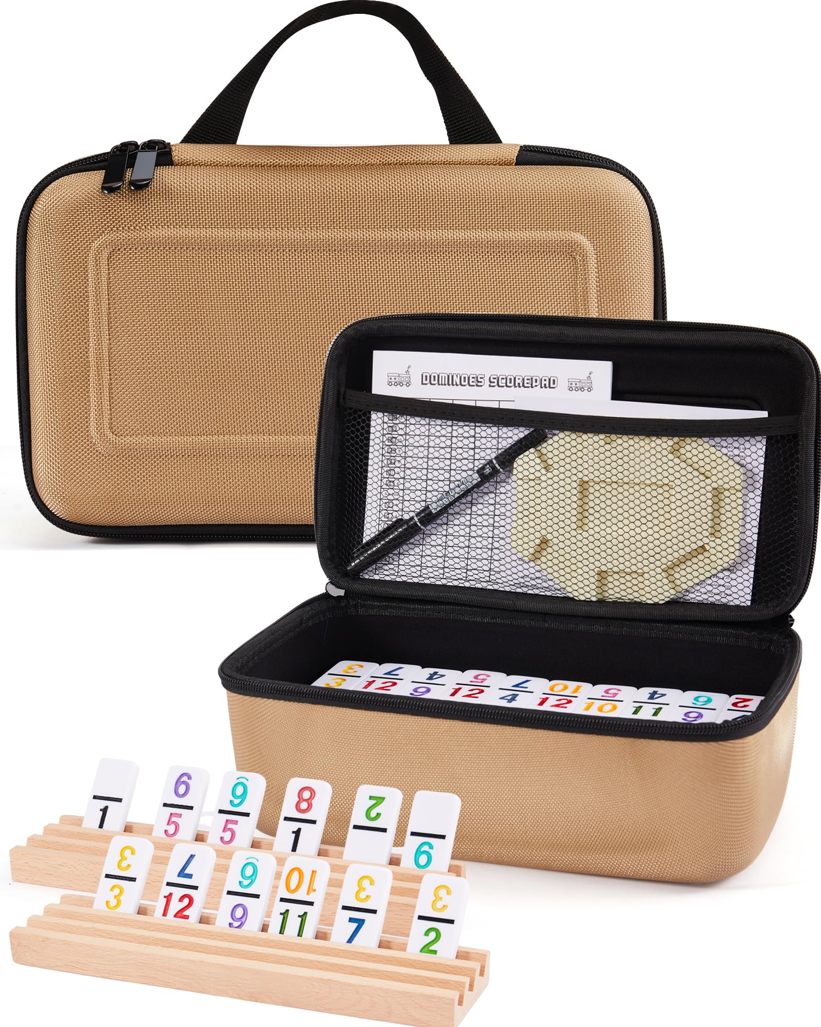 KAILE Mexican Train Dominoes Set with Numbers, Double 12 Dominoes Set with 4 Wooden Trays/Racks, 91 Tiles Colored Dominoes Train Games for Family Night, Travel, Party