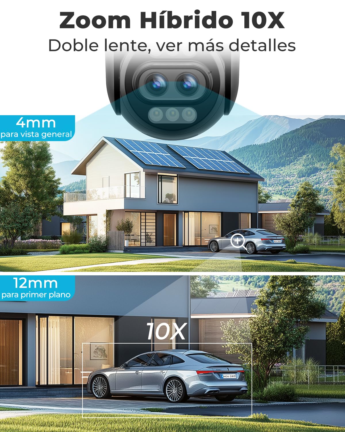 GENBOLT 4K WiFi Cámara Vigilancia Exteriores con PoE,Cámara CCTV IP de Doble Lente de 8MP Cámara Seguridad Exterior con Zoom Híbrido 10X y Seguimiento Automático de Personas y Vehículos(2,4&5GHz)
