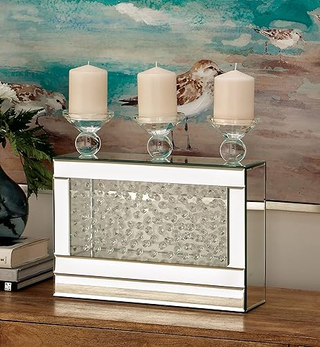 Miniatura 2 de Deco 79 Portavelas de madera con 3 platos con detalles espejados y cristales, 16 x 4 x 15 pulgadas, color plateado