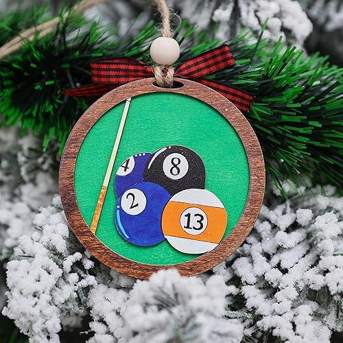 Miniatura 3 de Bola de Billar Adorno de Navidad de 4 Pulgadas  Decoración de Taco y Bolas de Madera en Capas, Regalo para Jugadores de Billar, Sala de Juegos,