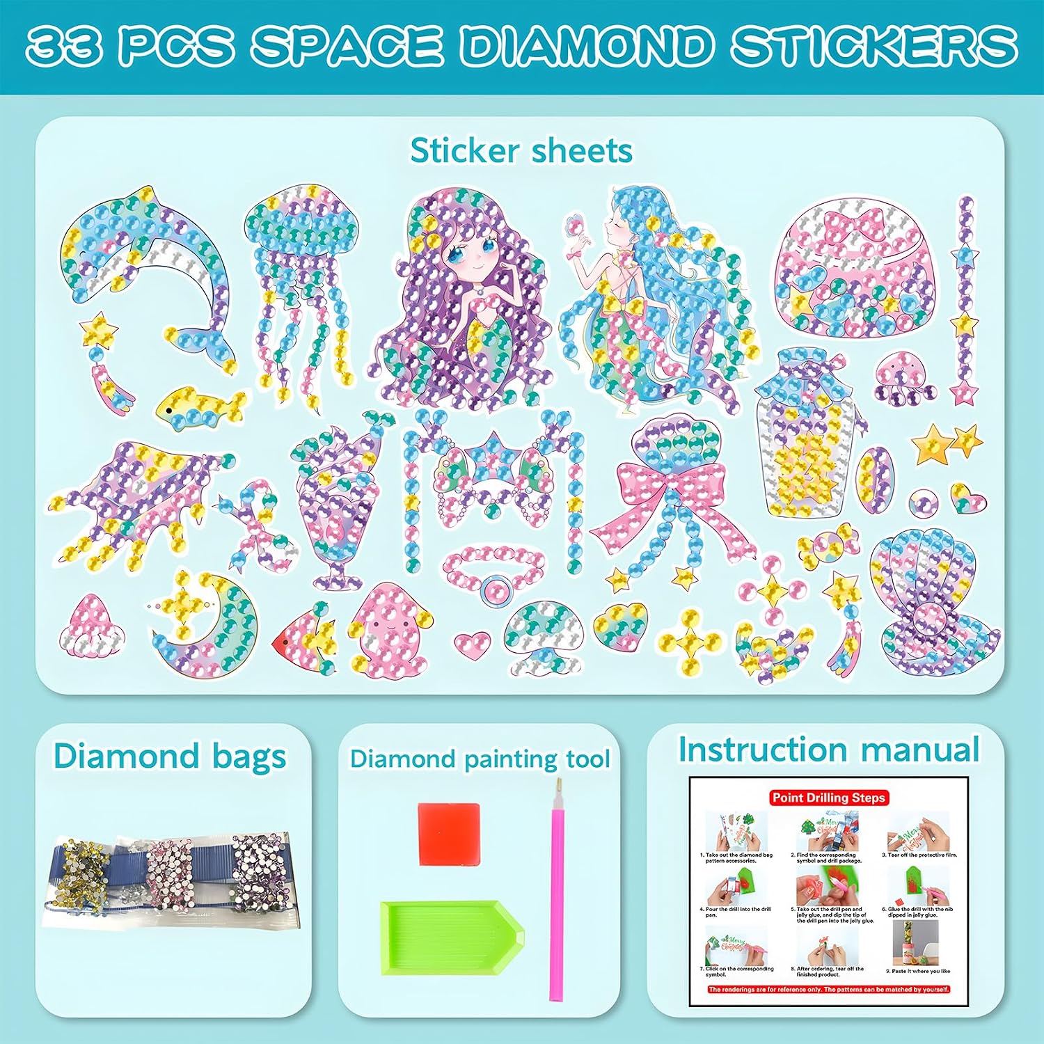 Viicoor 33 PCS Mermaid Diamond Painting Sticker Kit Summer DIY Art Craft for Girls (Mermaid-33P) image 4