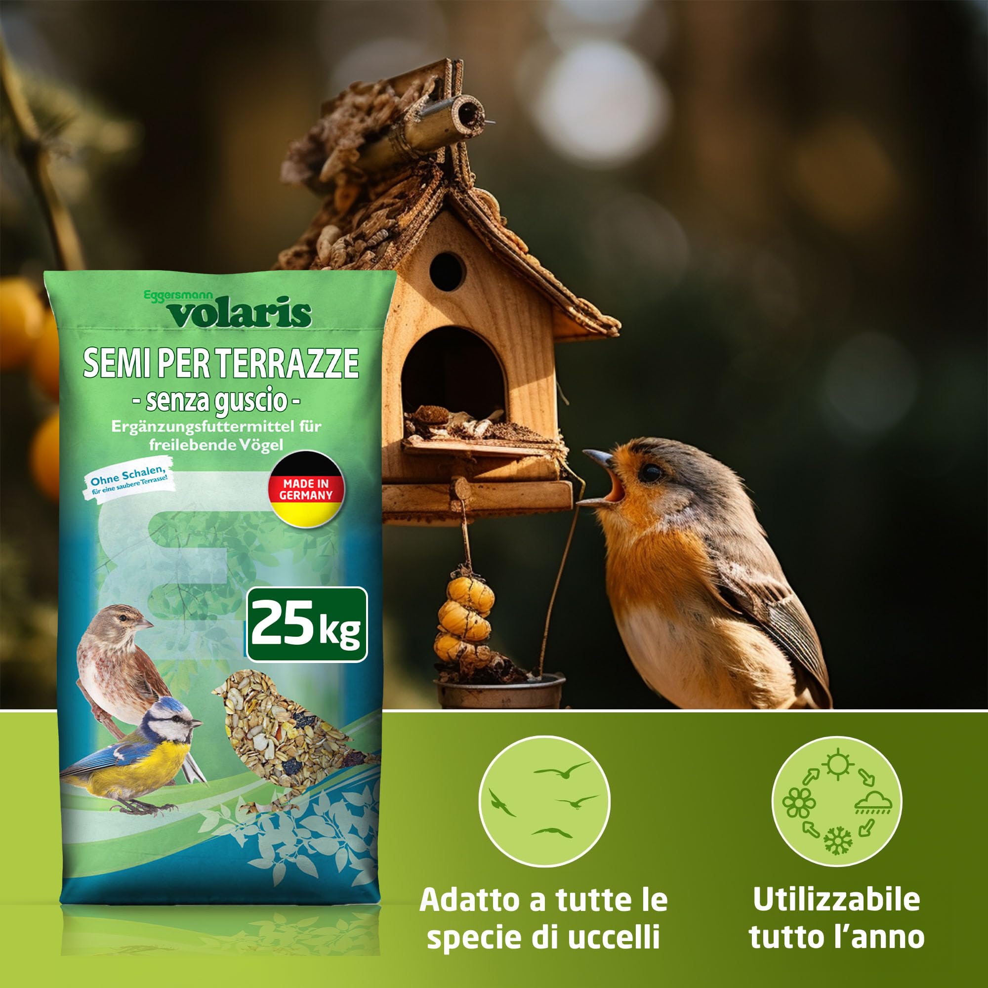 Eggersmann volaris TerrassenMix 25 kg – mangime per uccelli selvatici senza guscio, miscela di grani per un'alimentazione senza gusci tutto l'anno