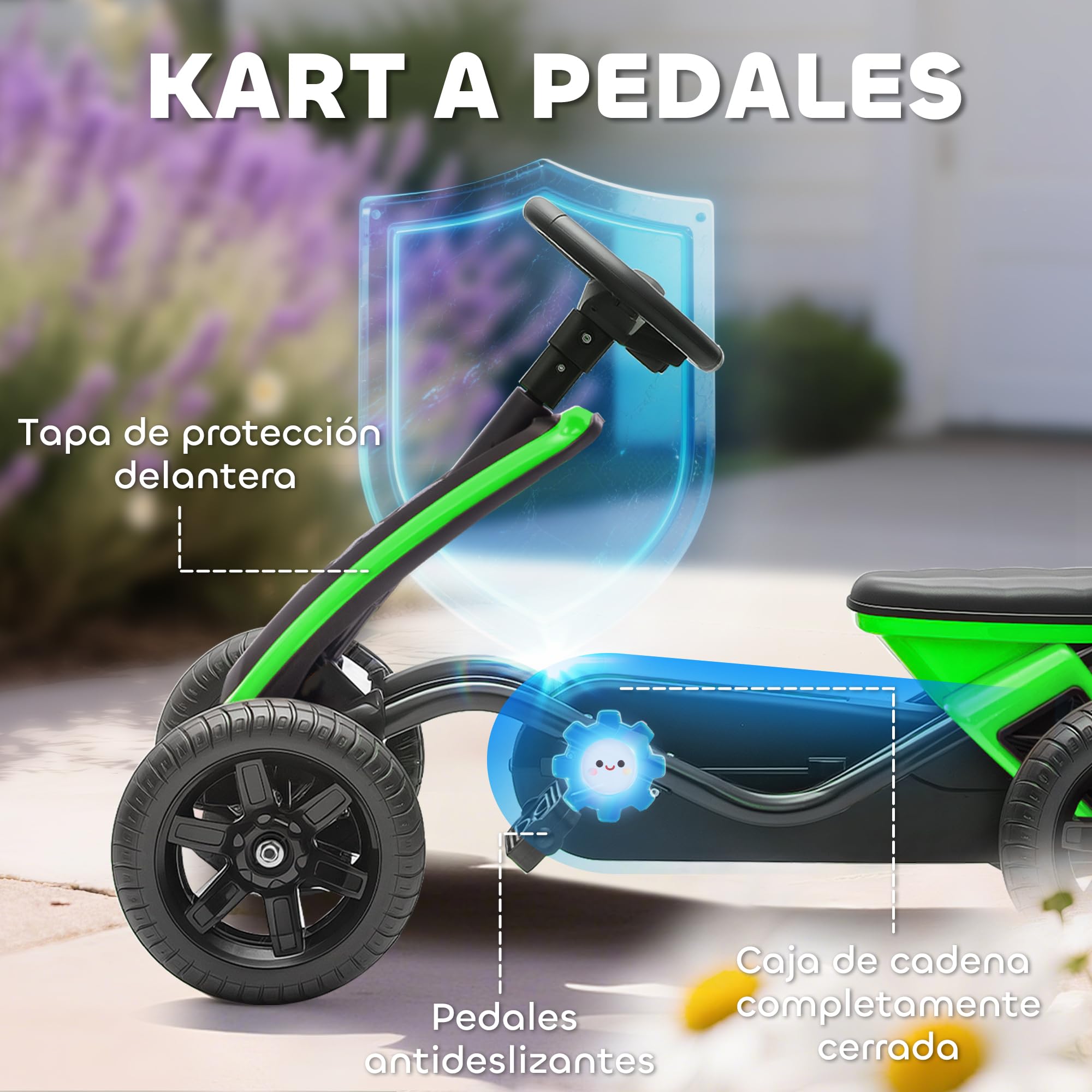 AIYAPLAY Kart Pedales, Go Kart con Ruedas Antideslizantes de EVA, Marco Metálico, Carga 30 kg, para Niños y Niñas de 2-5 Años, Verde