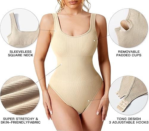 Miniatura 5 de YEOREO Body brillante para mujer, acanalado, sin mangas, con cuello cuadrado, sexy, moldeador