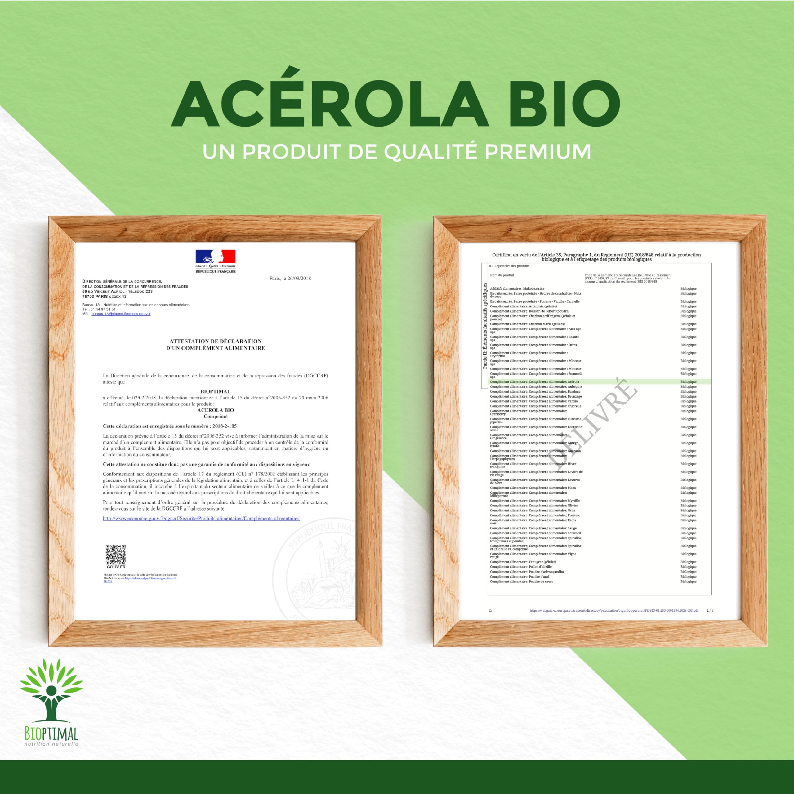 Acerola Bio - Bioptimal - Complément Alimentaire - Extrait d'Acérola en Gélule - 17% de Vitamine C Biodisponible - Anti-Fatigue Immunité - Fabriqué in France - Certifié par Ecocert - 200 gélules